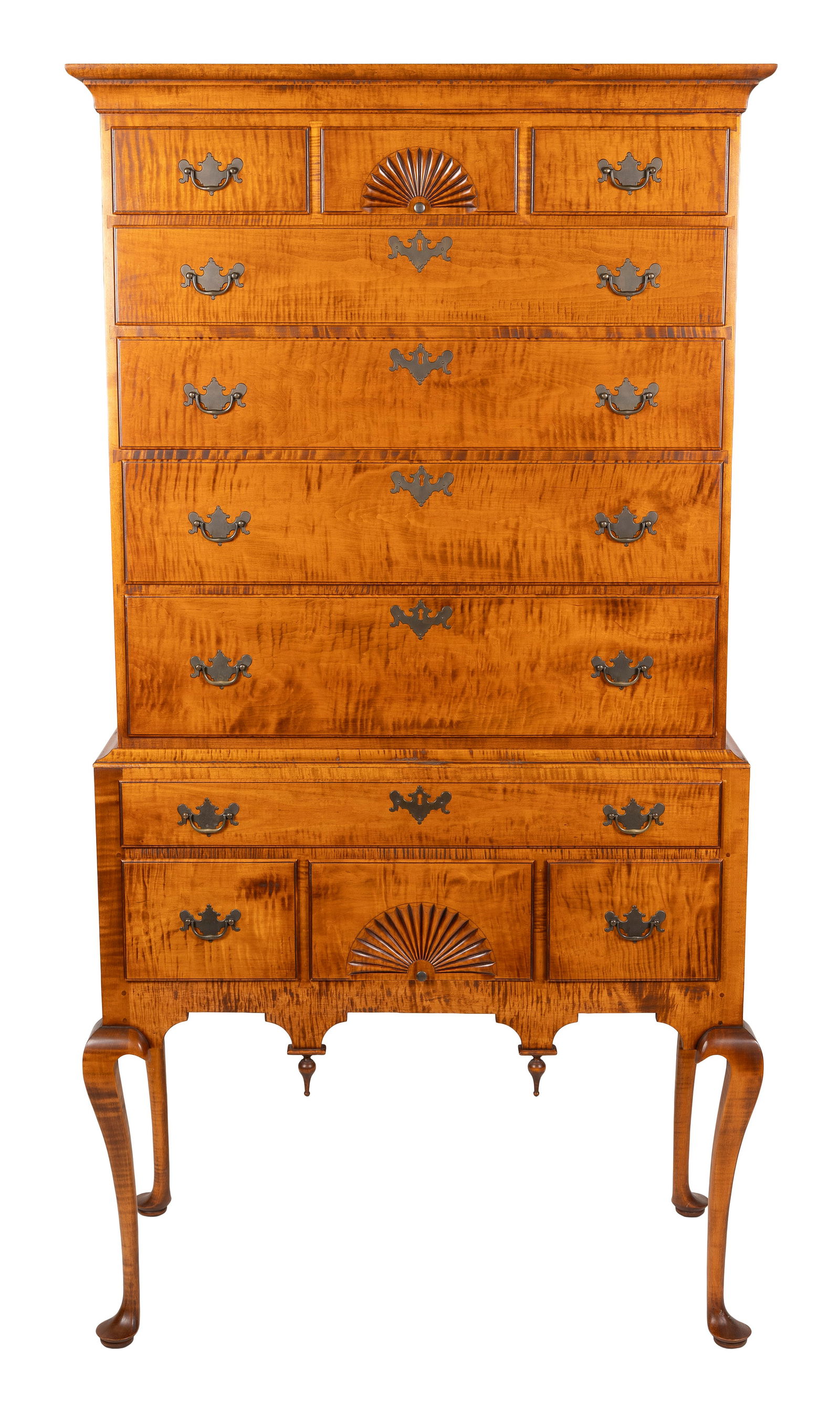 D.R. DIMES QUEEN ANNE-STYLE TIGER MAPLE HIGHBOY New Hampshire, 20th/21st Century Height 74". Width (1 of 1)