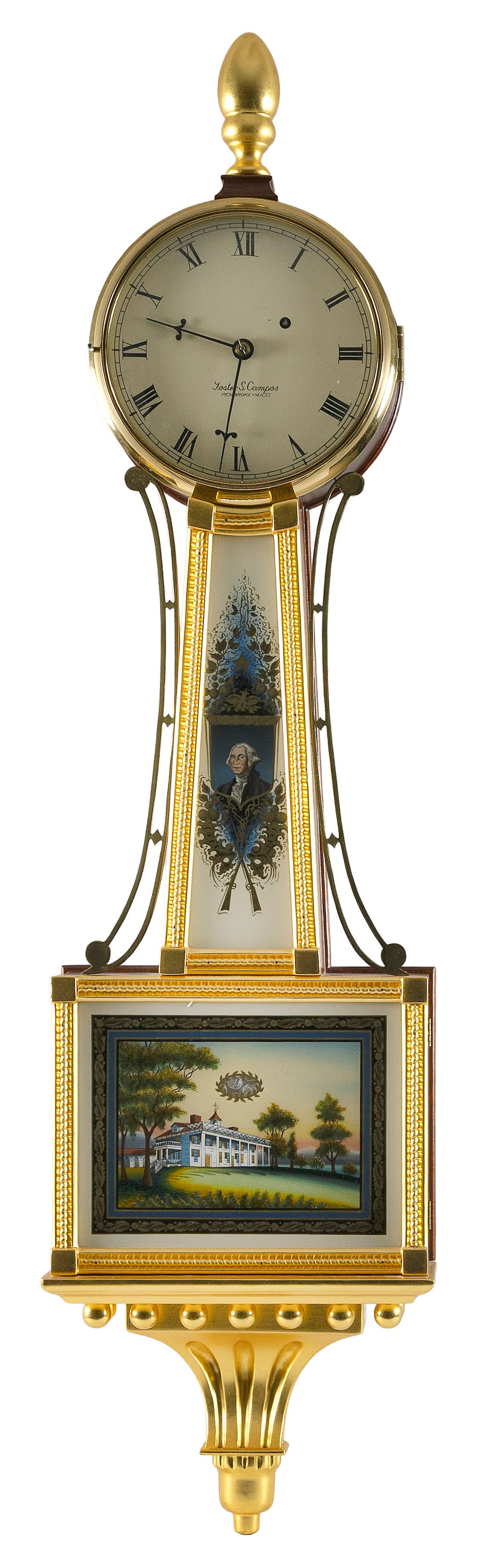 FOSTER S. CAMPOS BANJO CLOCK Pembroke, Massachusetts, 20th Century Height 42.5".: FOSTER S. CAMPOS BANJO CLOCKPembroke, Massachusetts, 20th CenturyThroat and pendulum box with painted decoration of George Washington and Mount Vernon. Roman numeral dial signed "Foster S. Campos Pemb