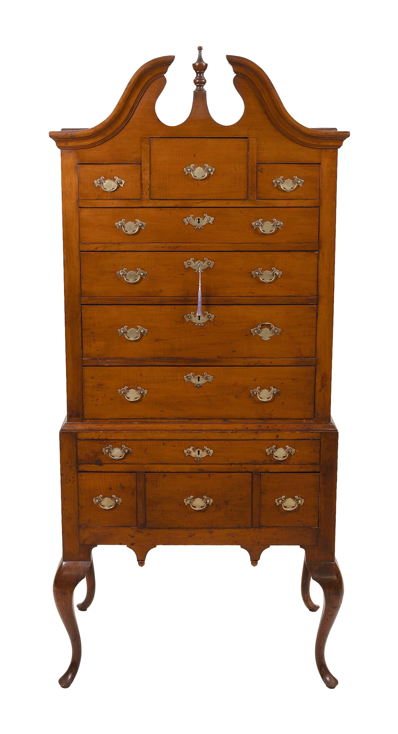 CUSTOM CHILD'S SIZE MAPLE AND TIGER MAPLE TWO-PART HIGHBOY 20th Century Height 66.5". Width 28". (1 of 1)