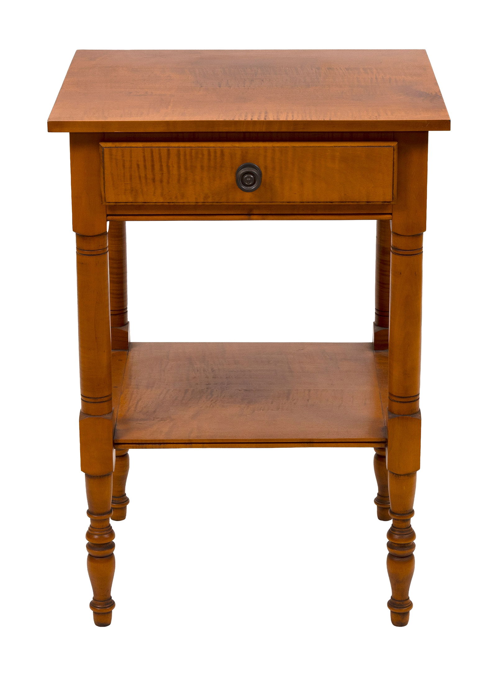 ELDRED WHEELER TIGER MAPLE ONE-DRAWER STAND Massachusetts, 20th Century Height 29". Width 20". Depth (1 of 1)