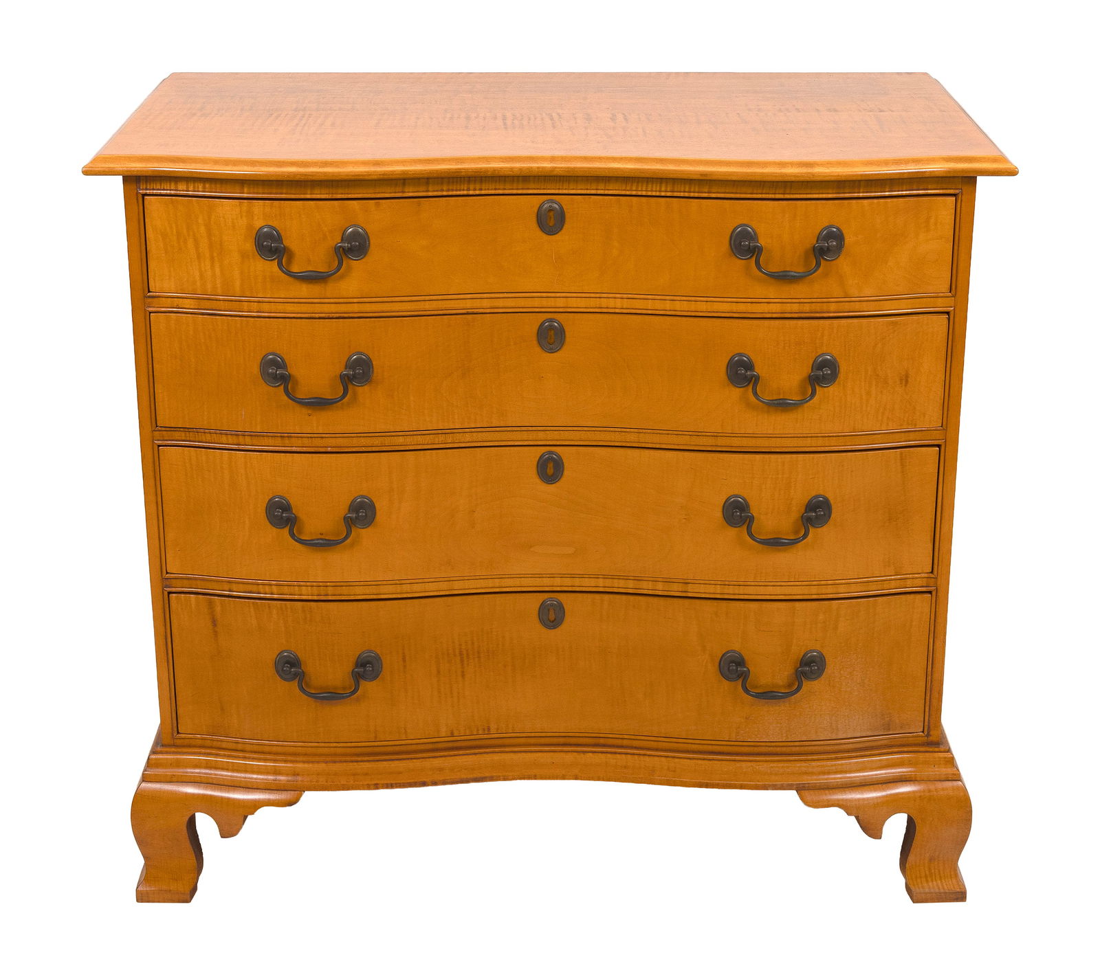 ELDRED WHEELER TIGER MAPLE SERPENTINE BUREAU Massachusetts, 20th Century Height 34.5". Width 37.5". (1 of 1)