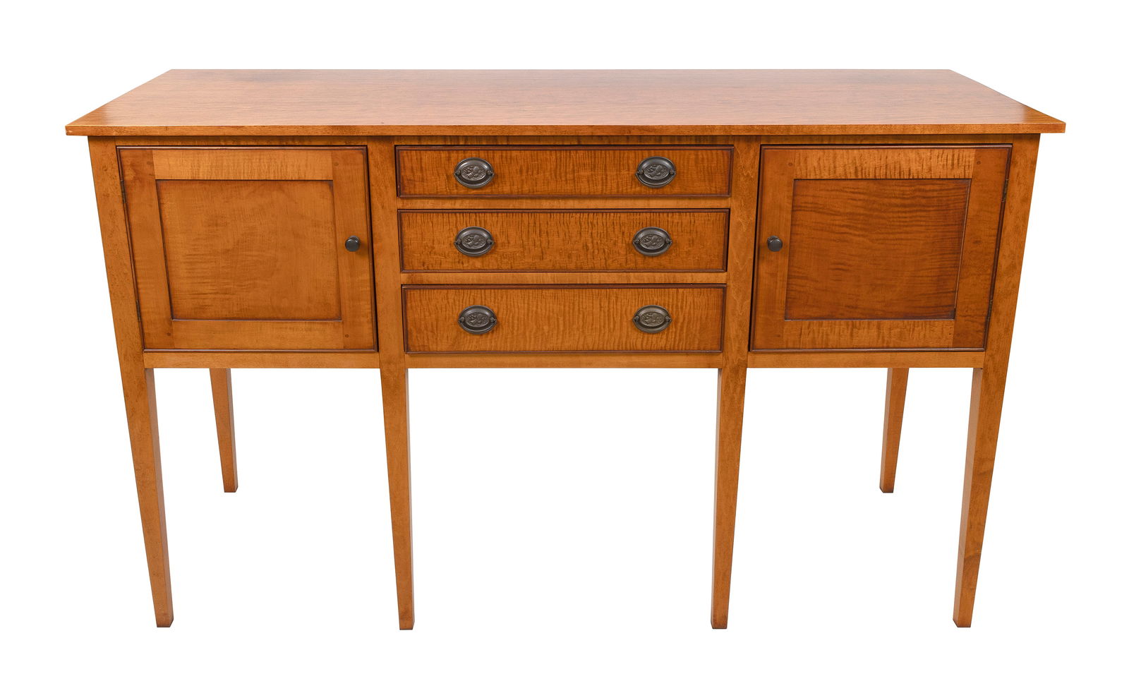ELDRED WHEELER TIGER MAPLE SIDEBOARD Massachusetts, 20th Century Height 39". Width 64". Depth 21.5". (1 of 1)