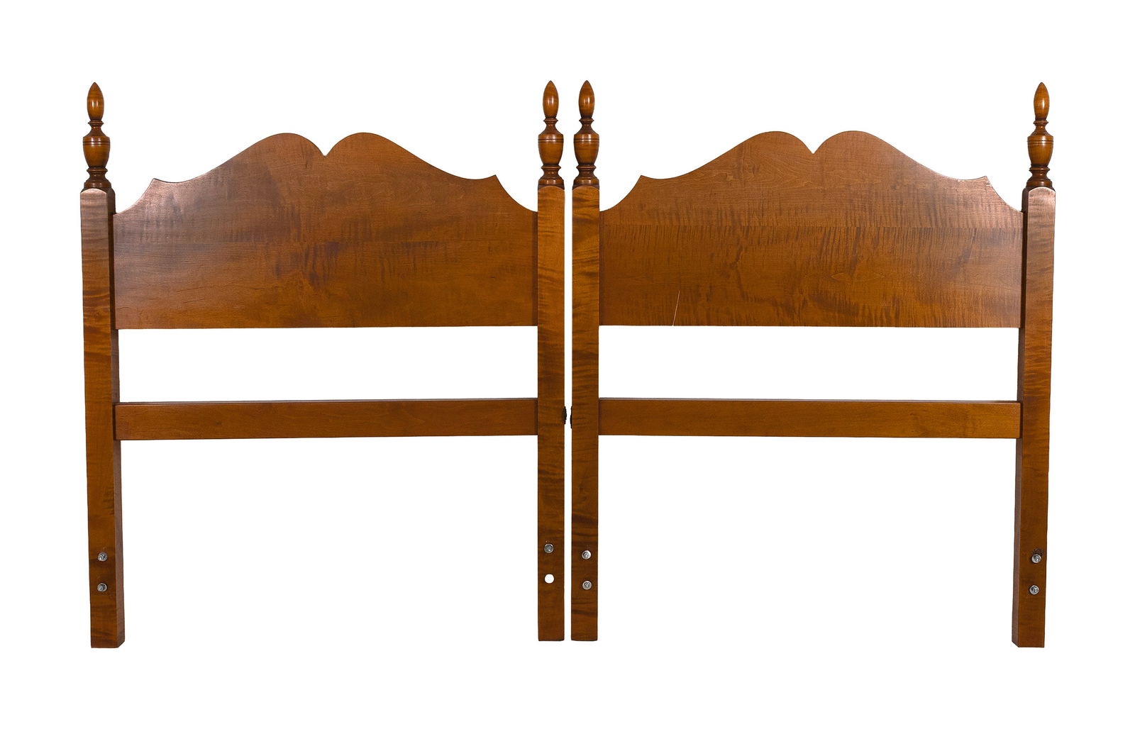 PAIR OF ELDRED WHEELER TWIN-SIZE TIGER MAPLE HEADBOARDS Massachusetts, 20th Century Heights 47". (1 of 1)