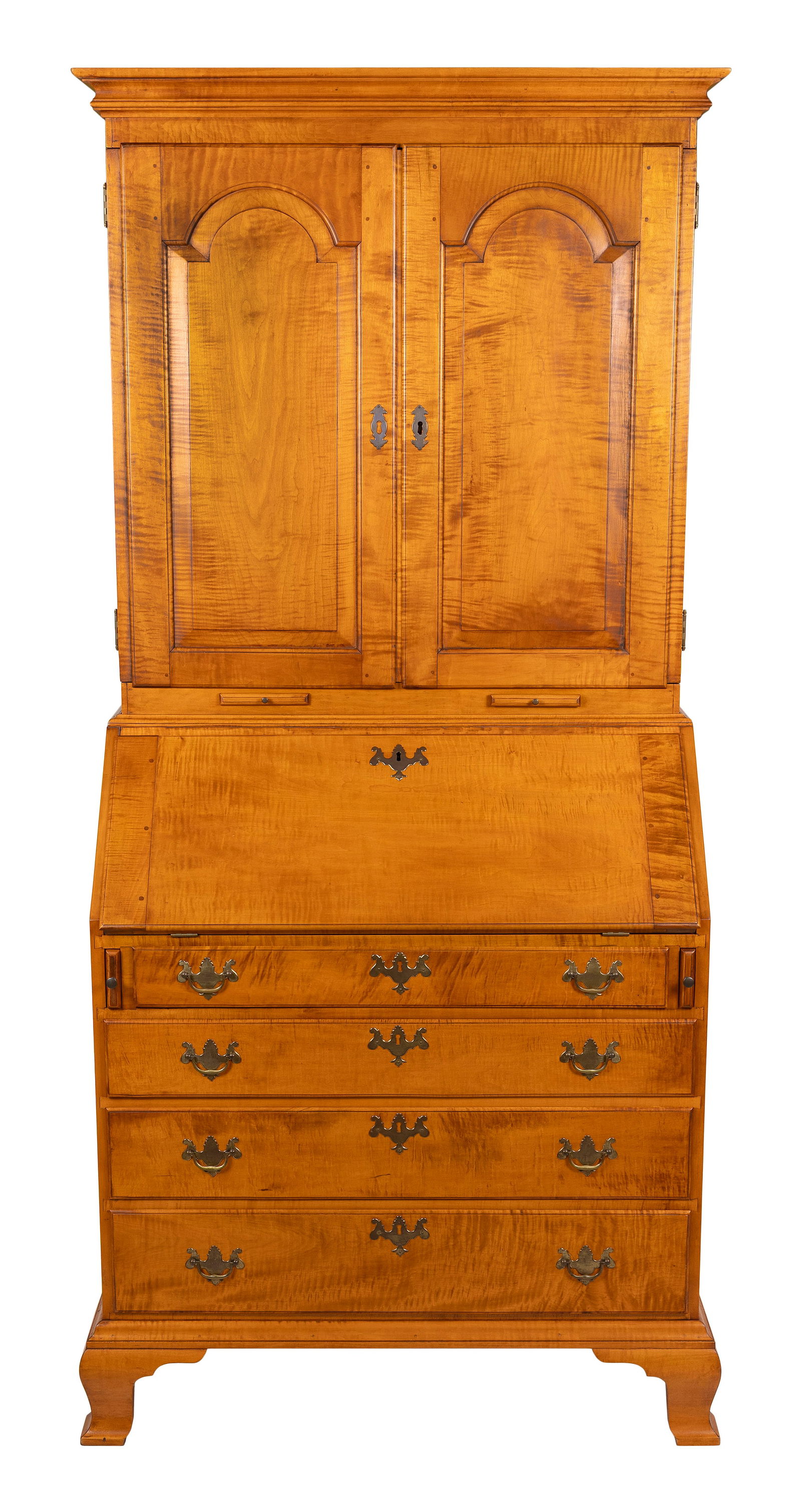 ELDRED WHEELER TIGER MAPLE TWO-PART SECRETARY Massachusetts, 20th Century Height 79". Width 37". (1 of 1)