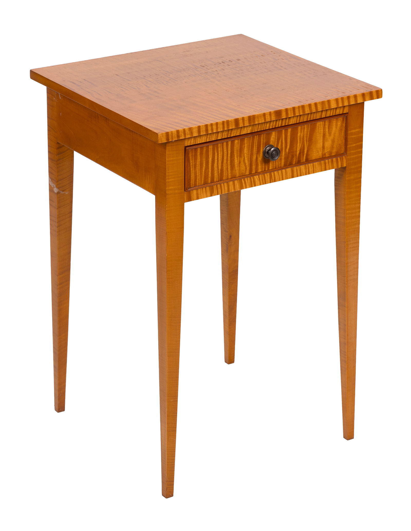 ELDRED WHEELER TIGER MAPLE ONE-DRAWER STAND Massachusetts, 20th Century Height 27.5". Width 18.5". (1 of 1)