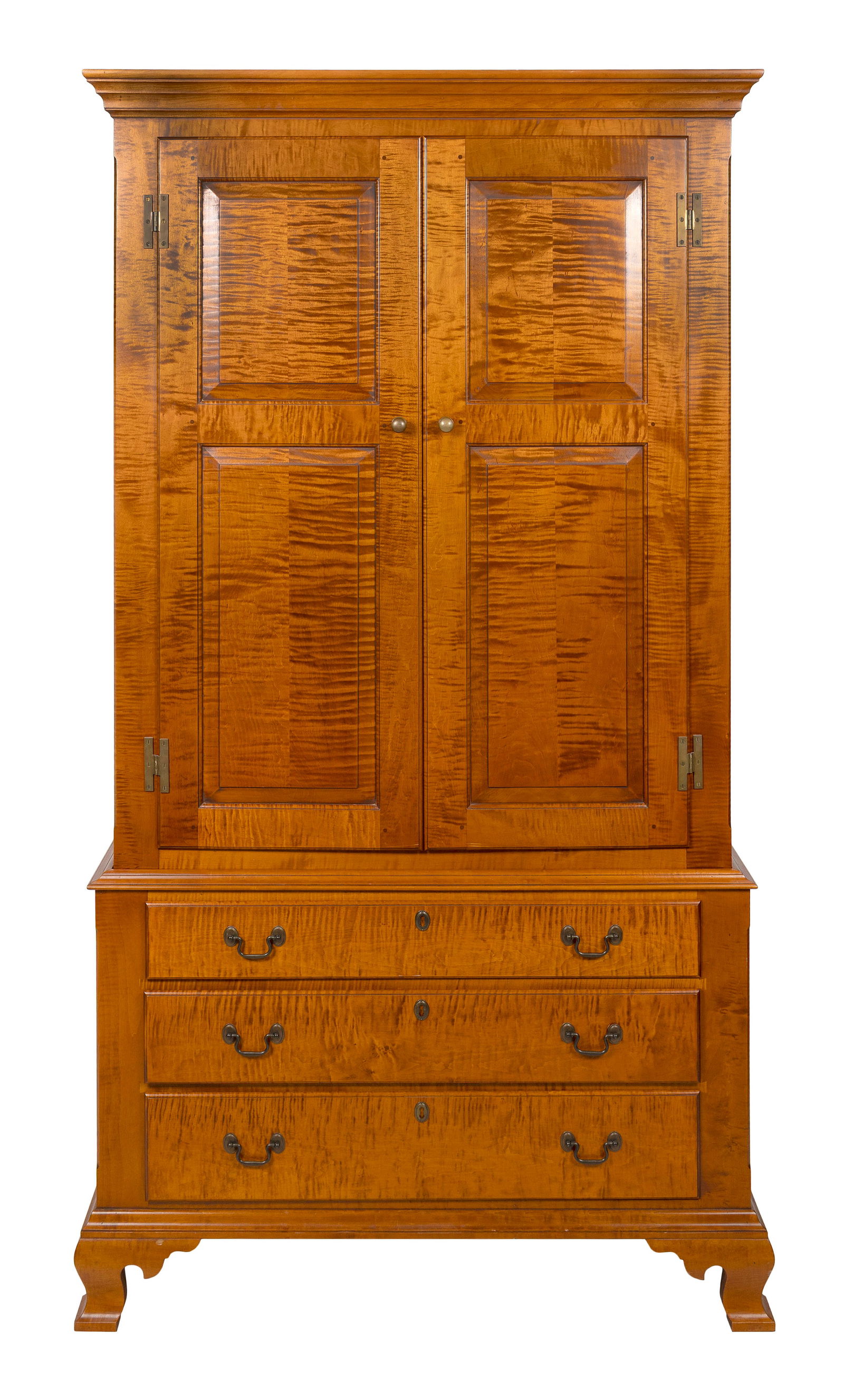 ELDRED WHEELER TIGER MAPLE TWO-PART CUPBOARD Massachusetts, 20th Century Height 79". Width 43". (1 of 1)