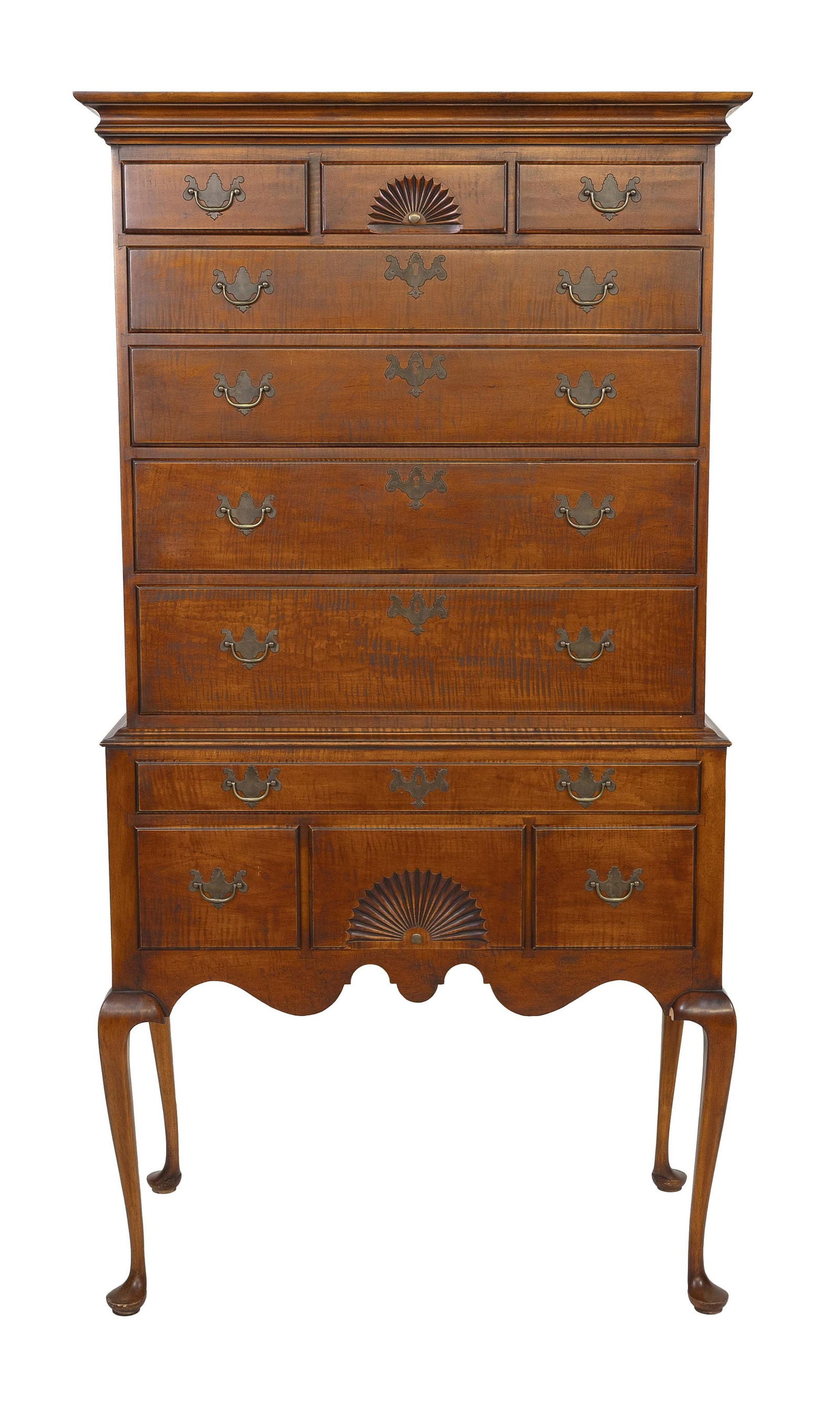 ELDRED WHEELER TIGER MAPLE TWO-PART HIGHBOY Massachusetts, 20th Century Height 71". Width 36". Depth (1 of 1)
