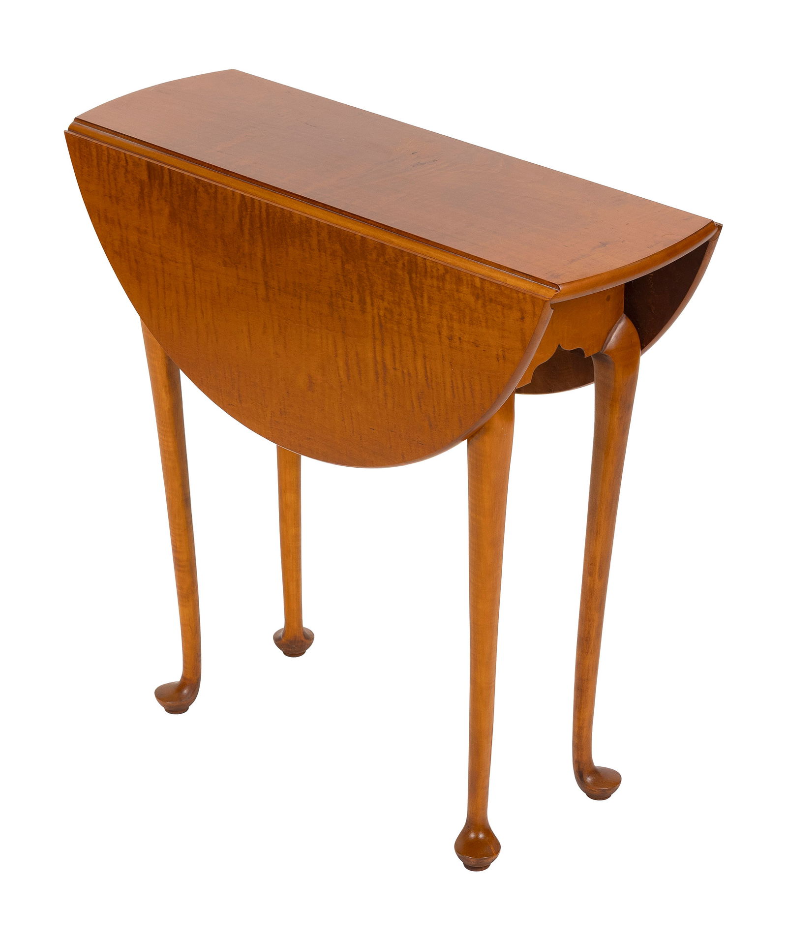 ELDRED WHEELER TIGER MAPLE DROP-LEAF BREAKFAST TABLE Massachusetts, 20th Century Height 27". Length: ELDRED WHEELER TIGER MAPLE DROP-LEAF BREAKFAST TABLEMassachusetts, 20th CenturyCabriole legs end in pad feet.Height 27". Length 9" plus two 10.25" demilune drop leaves. Width 28".