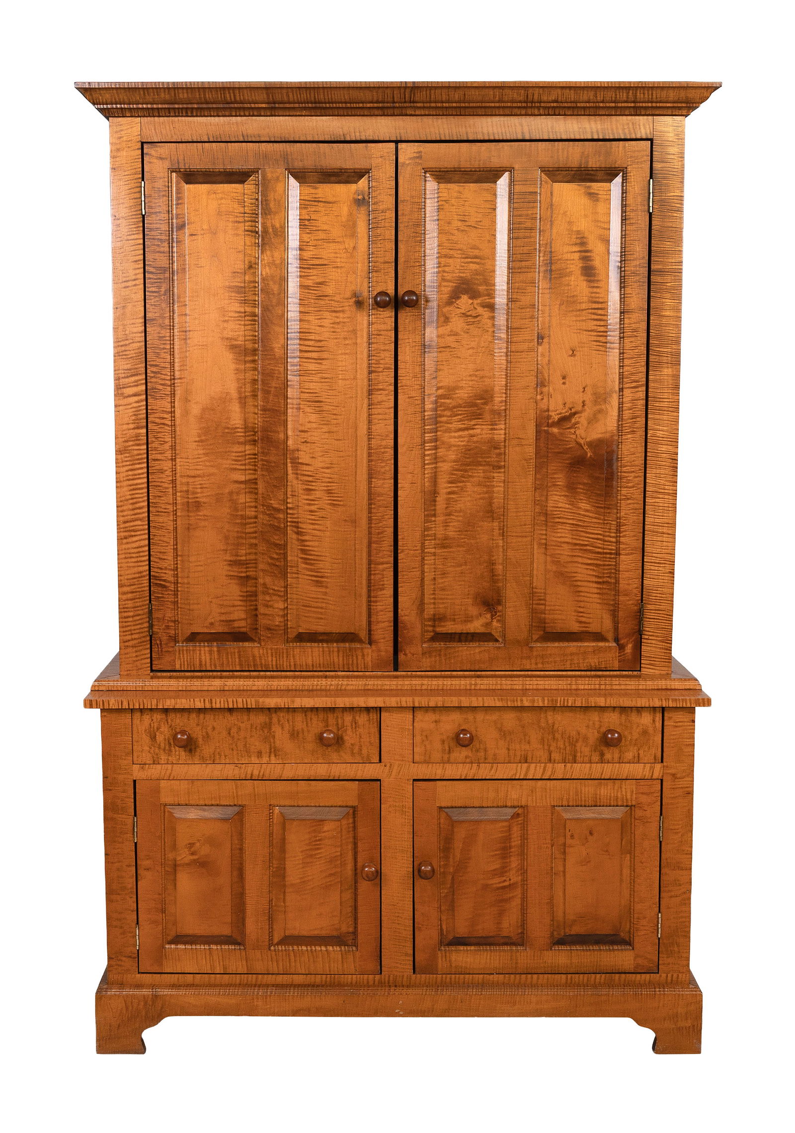 TIGER MAPLE STEP-BACK CUPBOARD IN THE STYLE OF ELDRED WHEELER Contemporary Height 76.5". Width 49". (1 of 1)