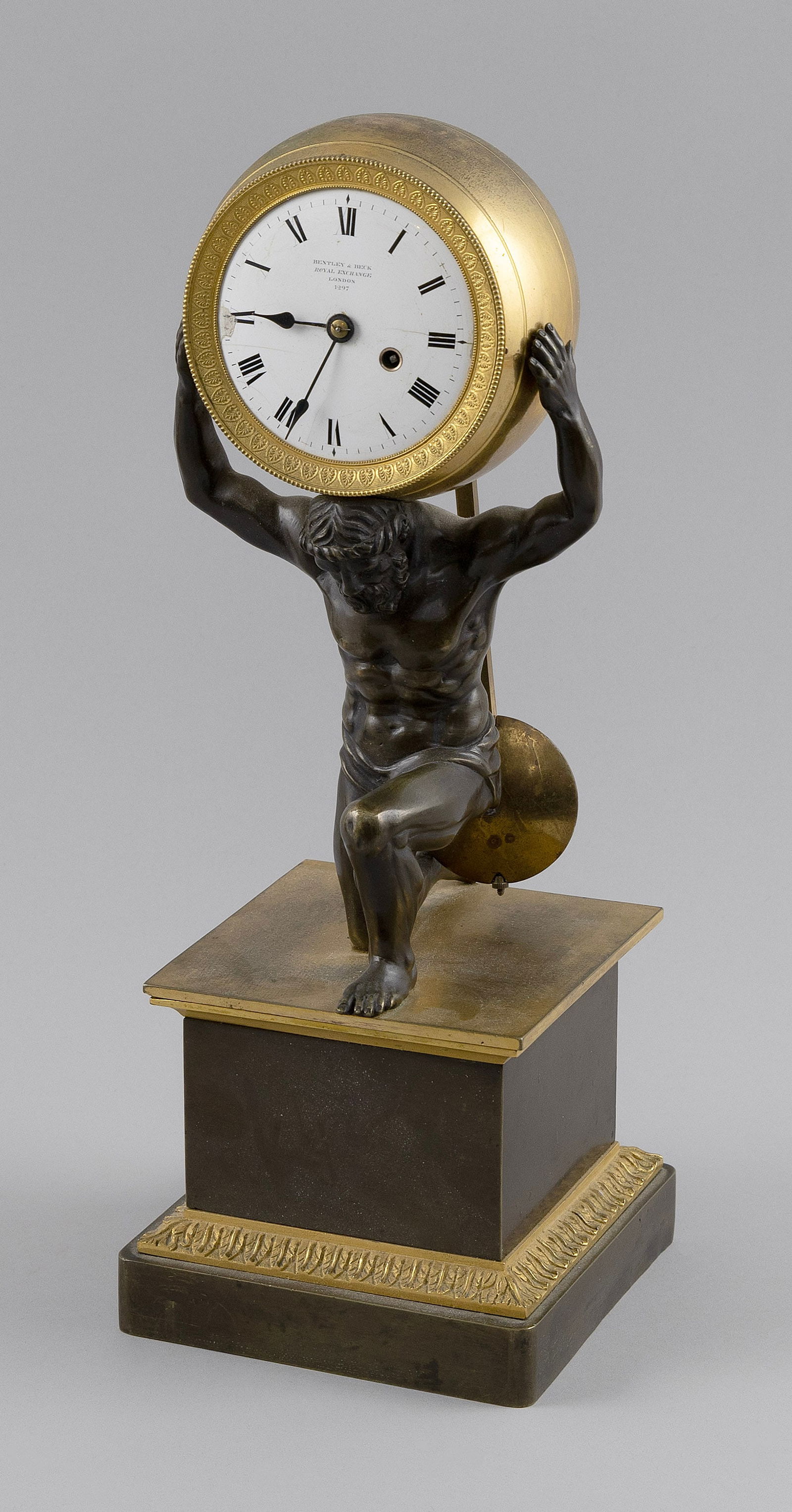 NEOCLASSICAL FIGURAL PARCEL-GILT BRONZE MANTEL CLOCK 19th Century Height 14". (1 of 1)