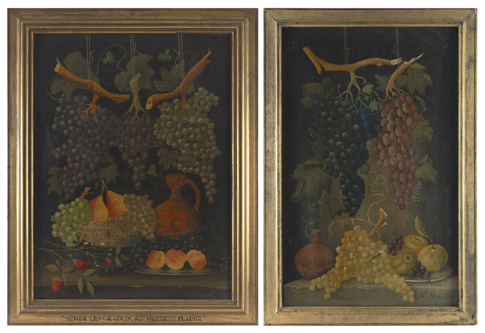 PAIR OF FRENCH STILL LIFE PAINTINGS OF FRUIT Oils on canvas, 33" x 24". Framed 39" x 30". (1 of 5)