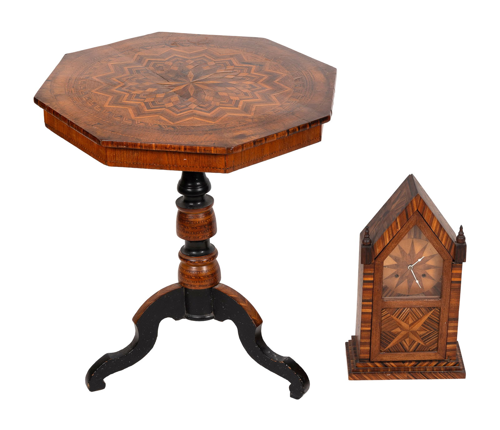 PARQUETRY TABLE AND MANTEL CLOCK 19th Century Table height 29". Top 26" x 26". (1 of 1)
