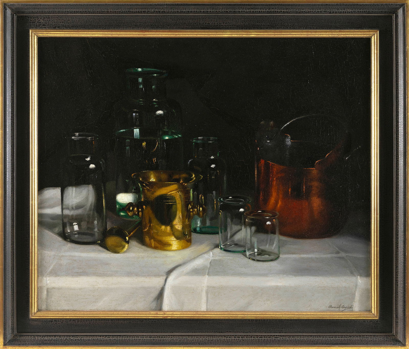 ROMEK ARPAD (Hungary, 1883-1960), Tabletop still life of glass, brass and copper., Oil on canvas,: ROMEK ARPADHungary, 1883-1960Tabletop still life of glass, brass and copper. Signed lower right "Romek Arpad".Oil on canvas, 27" x 33". Framed 33.5" x 39.5".