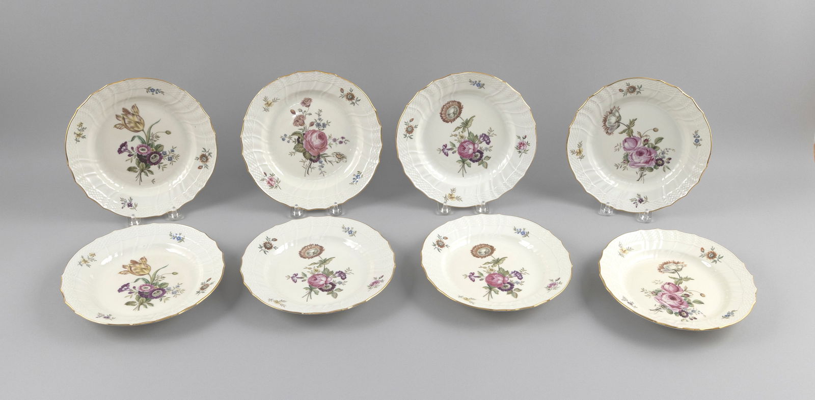 SET OF EIGHT ROYAL COPENHAGEN "FRIJSENBORG" DESSERT PLATES Denmark, 20th Century Diameters 8".: SET OF EIGHT ROYAL COPENHAGEN "FRIJSENBORG" DESSERT PLATESDenmark, 20th CenturyBasketweave borders.Diameters 8".