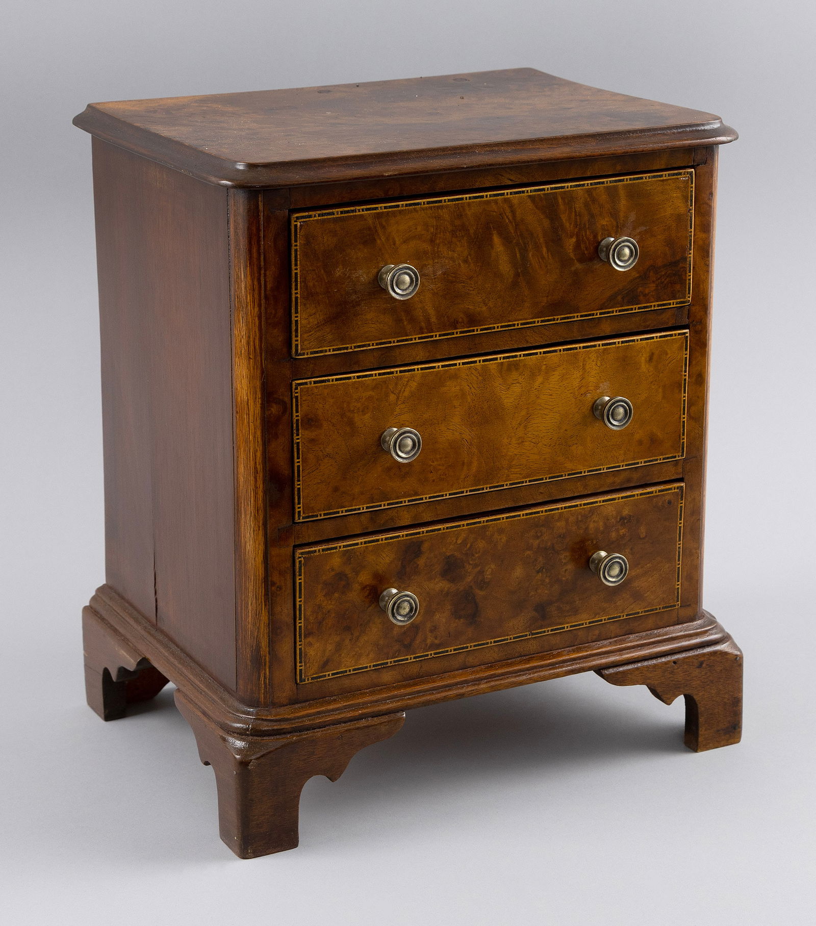 MINIATURE BURLED WALNUT THREE-DRAWER CHEST 19th Century Height 13". Width 11". Depth 9". (1 of 1)