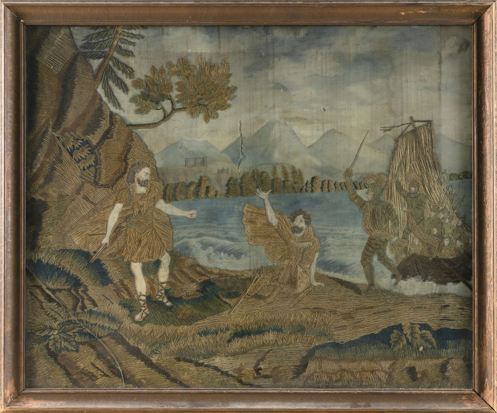 CONTINENTAL PICTORIAL NEEDLEWORK AND WATERCOLOR ON SILK 19th Century 22" x 27" sight. Framed 28" x: CONTINENTAL PICTORIAL NEEDLEWORK AND WATERCOLOR ON SILK19th CenturyDepicts an armed crusader landing on a beach.22" x 27" sight. Framed 28" x 30".