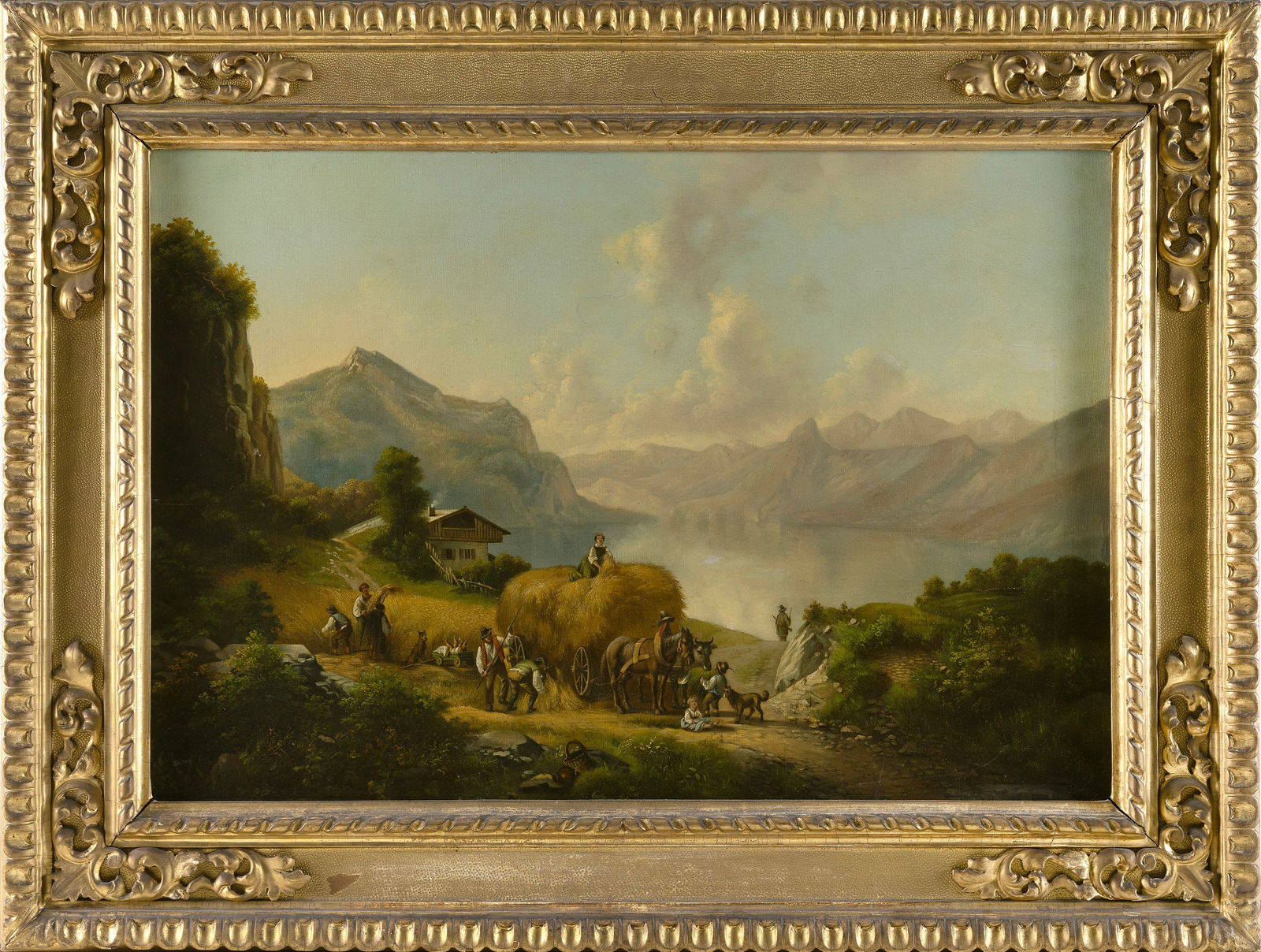 CONTINENTAL SCHOOL (19th Century,), Loading hay into a wagon., Oil on canvas, 21" x 30". Framed: CONTINENTAL SCHOOL19th CenturyLoading hay into a wagon. Signed lower right.Oil on canvas, 21" x 30". Framed 28.5" x 38".