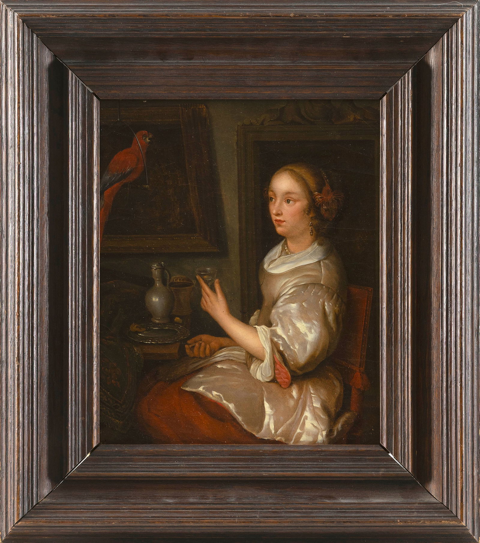 DUTCH SCHOOL (19th Century or Earlier,), Woman raising a glass in a richly appointed interior, Oil (1 of 2)