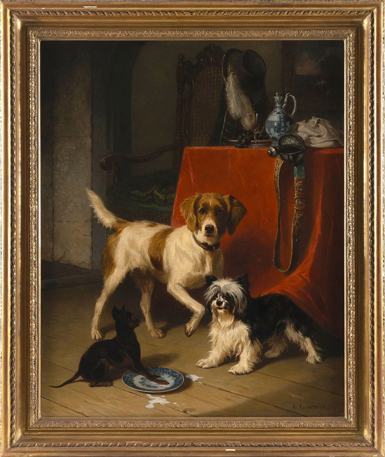 CONRADYN CUNAEUS (The Netherlands, 1828-1895), "Spilt Milk"., Oil on panel, 27.5" x 22". Framed: CONRADYN CUNAEUSThe Netherlands, 1828-1895"Spilt Milk". Signed lower right "C. Cunaeus".Oil on panel, 27.5" x 22". Framed 32.5" x 27.25". Provenance:Richard Green, London.Bonham's, New York,