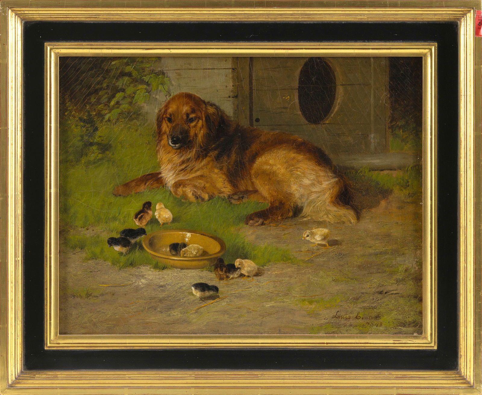 LOUIS CONTOIT (New York/France, 19th/20th Century), Dog with ducklings., Oil on canvas, 14" x 18".: LOUIS CONTOITNew York/France, 19th/20th CenturyDog with ducklings. Signed and dated lower right "Louis Contort 1893".Oil on canvas, 14" x 18". Framed 19" x 23".