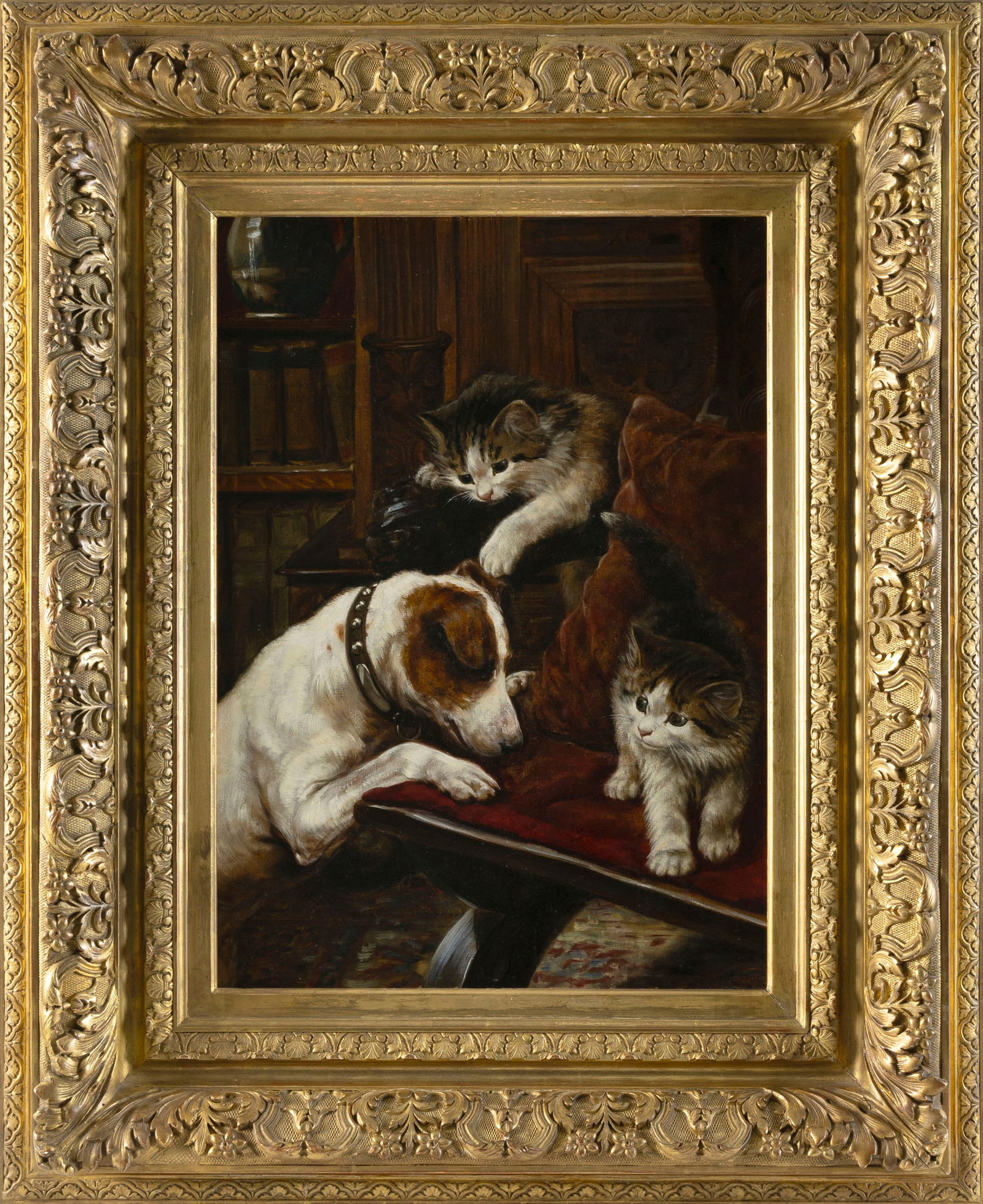 FANNIE MOODY (United Kingdom, 1861-1948), A dog and two cats in an interior., Oil on canvas, 24" x: FANNIE MOODYUnited Kingdom, 1861-1948A dog and two cats in an interior. Signed lower right "Fannie Moody".Oil on canvas, 24" x 18". Framed 37" x 29". Provenance:Private Collection, Nantucket, Massa