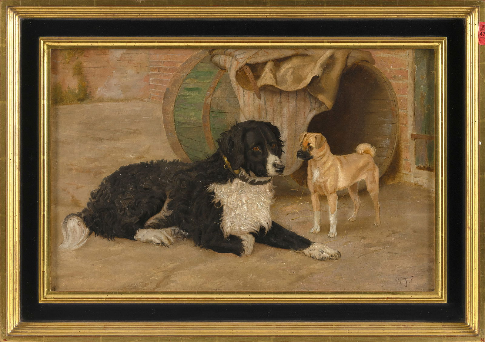 ENGLISH SCHOOL (19th Century,), Two dogs by a barrel., Oil on canvas, 14" x 22". Framed 19" x 27".: ENGLISH SCHOOL19th CenturyTwo dogs by a barrel. Signed lower right "W.J.F.".Oil on canvas, 14" x 22". Framed 19" x 27".