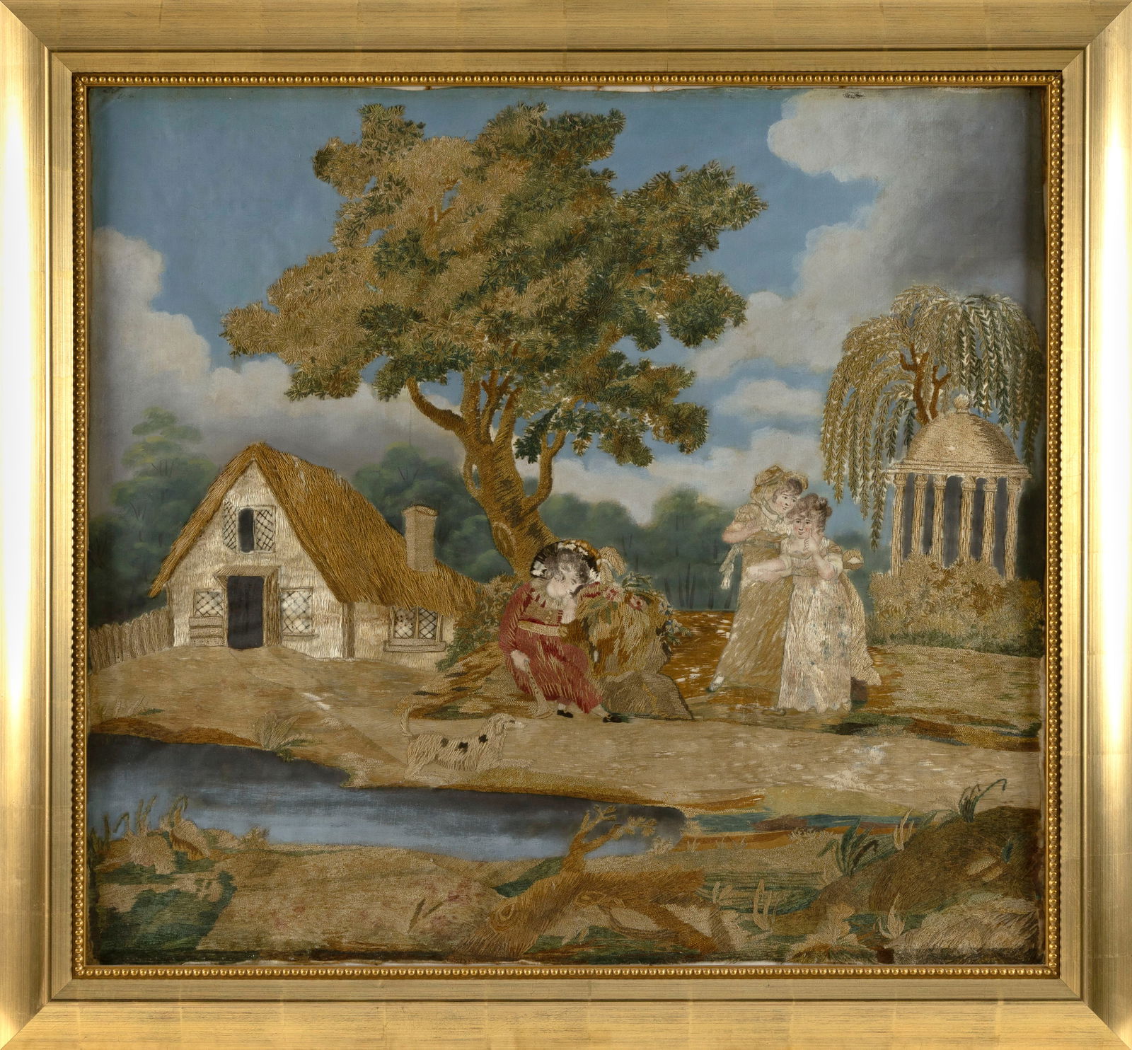 ENGLISH NEEDLEWORK MOURNING SCENE 19th Century 26" x 28" sight. Framed 32" x 34".: ENGLISH NEEDLEWORK MOURNING SCENE19th CenturyDepicts figures by a pond, a thatched roof house and a classical rotunda.26" x 28" sight. Framed 32" x 34". Provenance:Private Collection, Nantucket, Ma