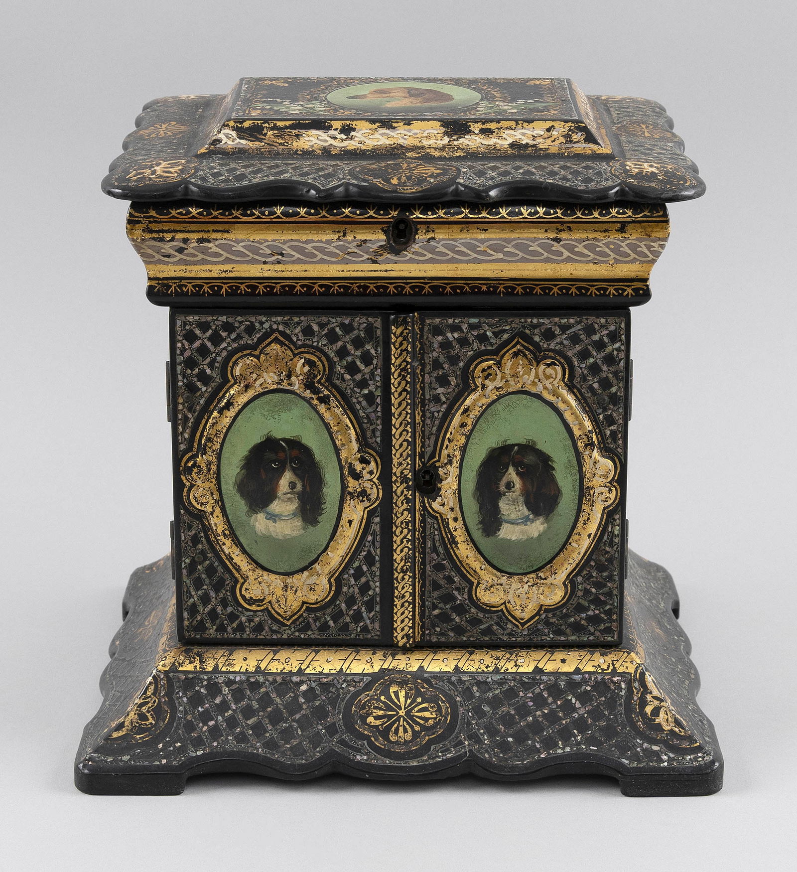 LACQUER SEWING BOX, PROBABLY ENGLISH Mid-19th Century Height 10.25". Width 10". Depth 8.5". (1 of 1)
