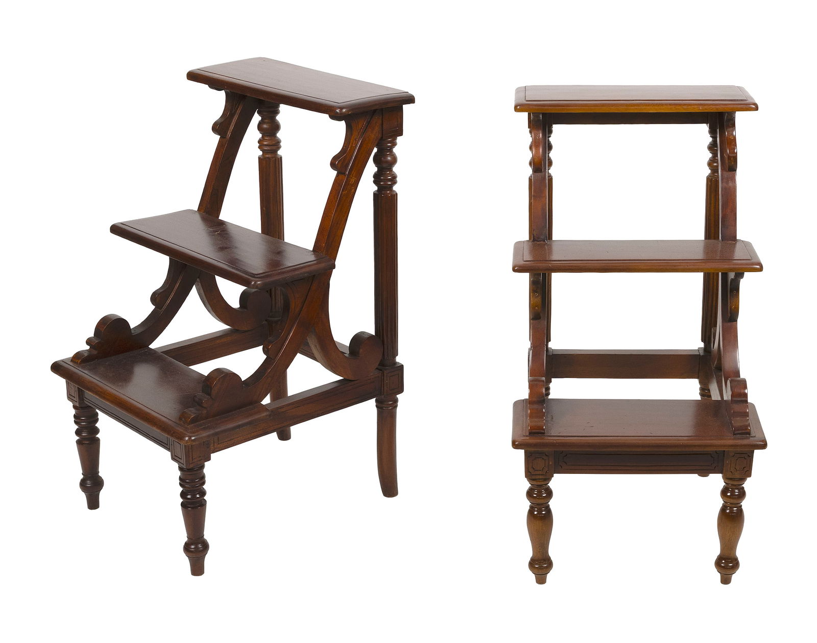 TWO SETS OF ENGLISH MAHOGANY LIBRARY STEPS 19th Century Heights 31.5" and 32". Widths 17" and 18.5". (1 of 1)