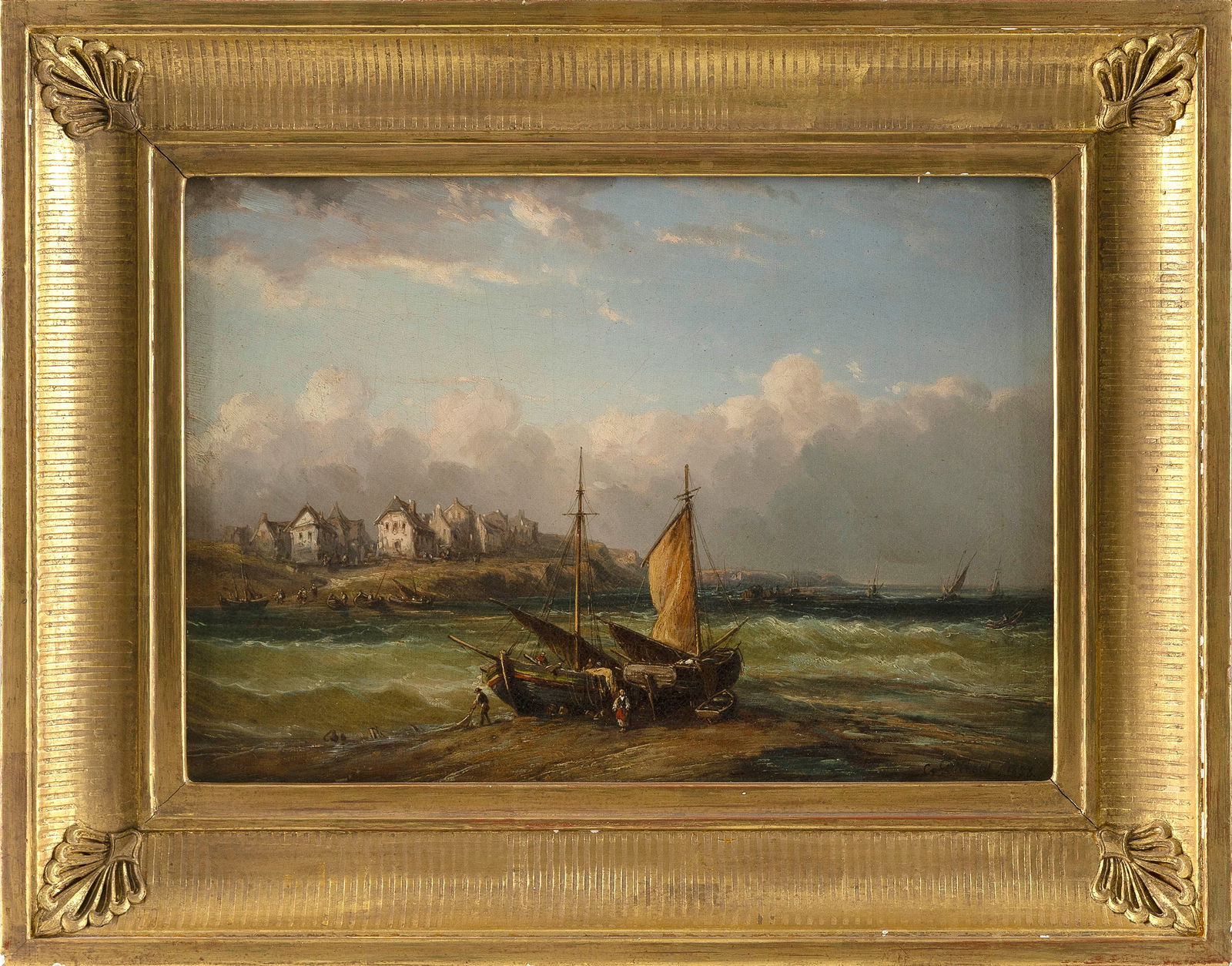 CHARLES DIEBOLD (England, 19th Century), Coastal scene., Oil on canvas, 12.75" x 18". Framed 19" x: CHARLES DIEBOLDEngland, 19th CenturyCoastal scene. Signed and dated lower right "C. Diebold 1858".Oil on canvas, 12.75" x 18". Framed 19" x 24.25".