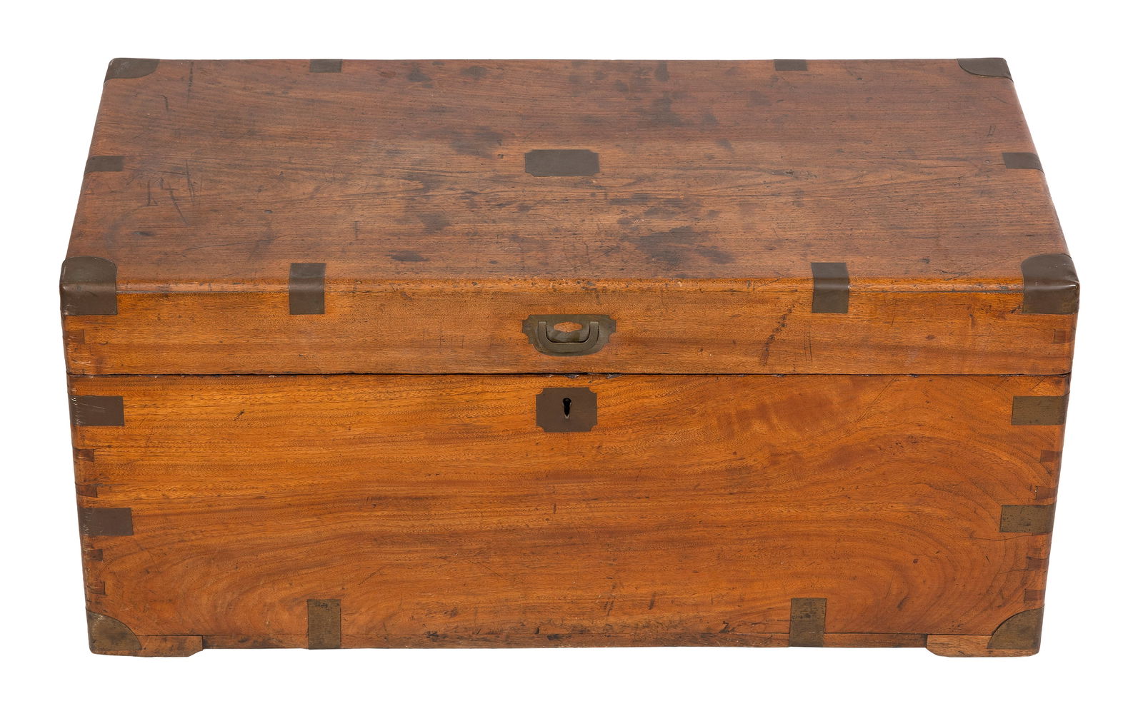 ENGLISH BRASS-BOUND CAMPHORWOOD TRUNK 19th Century Height 16". Width 35". Depth 18". (1 of 2)