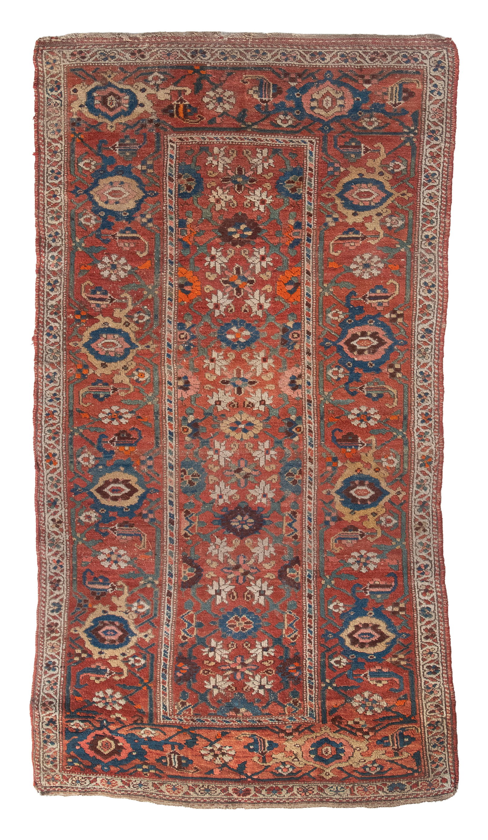 KURD BIDJAR RUG: 4'1" X 7'1" First Quarter of the 20th Century: KURD BIDJAR RUG: 4'1" X 7'1"First Quarter of the 20th CenturyNarrow brick red field with an orderly array of various ivory, pink, blue, bright bengal orange and rich amethyst blossoms. Ivory guard bor