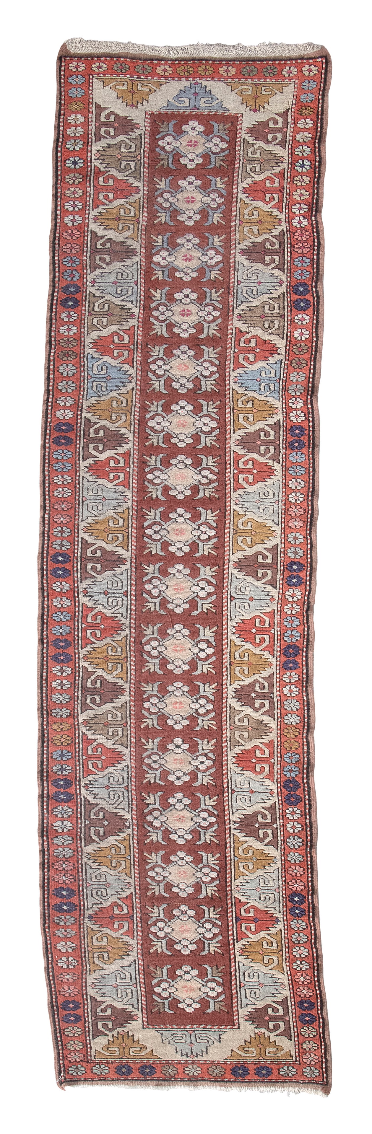 TURKISH RUNNER: 9'1" X 2'6" Early 20th Century: TURKISH RUNNER: 9'1" X 2'6"Early 20th CenturyColumn of a repeated faded yellow, blue and ivory stylized floral element traverses the length of a reddish brown field. Broad ivory-colored interior borde