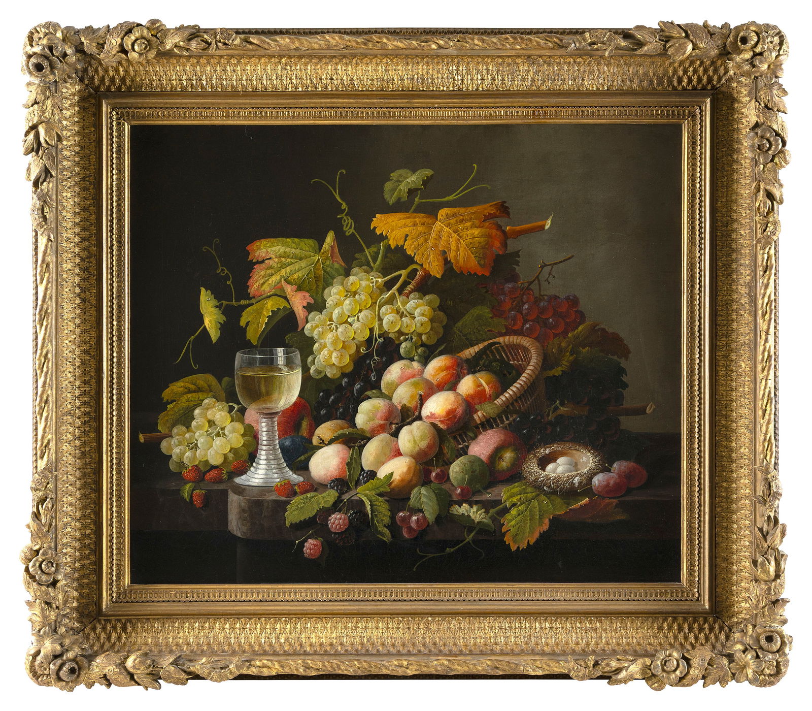 SEVERIN ROESEN (Pennsylvania/Germany, 1815-1872), "Still Life with Berries, Grapes, Bird's Nest, and (1 of 2)