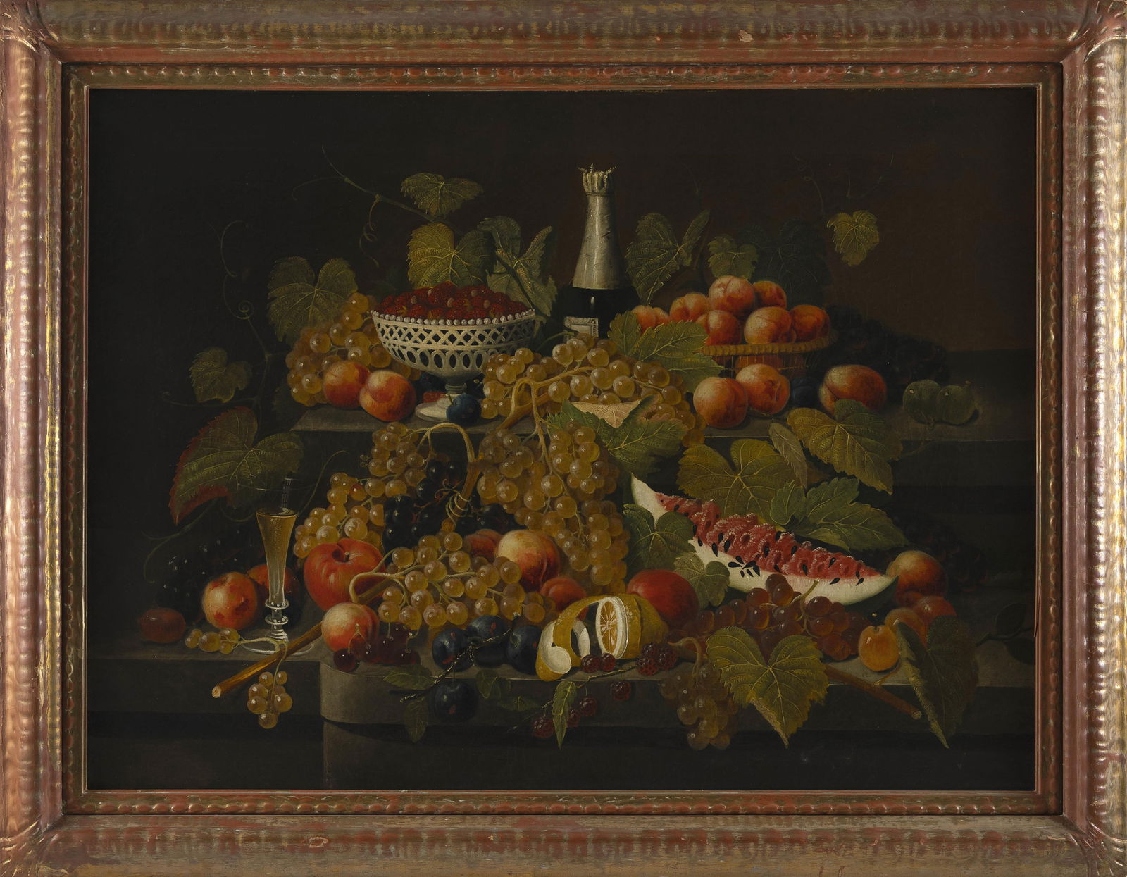 ATTRIBUTED TO SEVERIN ROESEN (Pennsylvania/Germany, 1815-1872), Lush tabletop still life., Oil on (1 of 1)