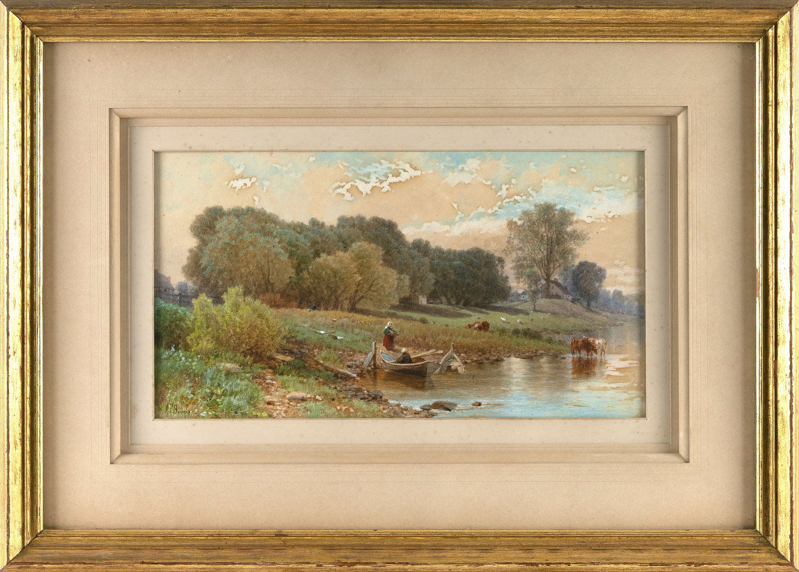 ALBERT FITCH BELLOWS (New York/Massachusetts/Belgium, 1829-1883), Figures and cattle by a river.,: ALBERT FITCH BELLOWSNew York/Massachusetts/Belgium, 1829-1883Figures and cattle by a river. Signed lower left "A.F. Bellows".Watercolor on paper, 9.5" x 17.5" sight. Framed 21" x 29".