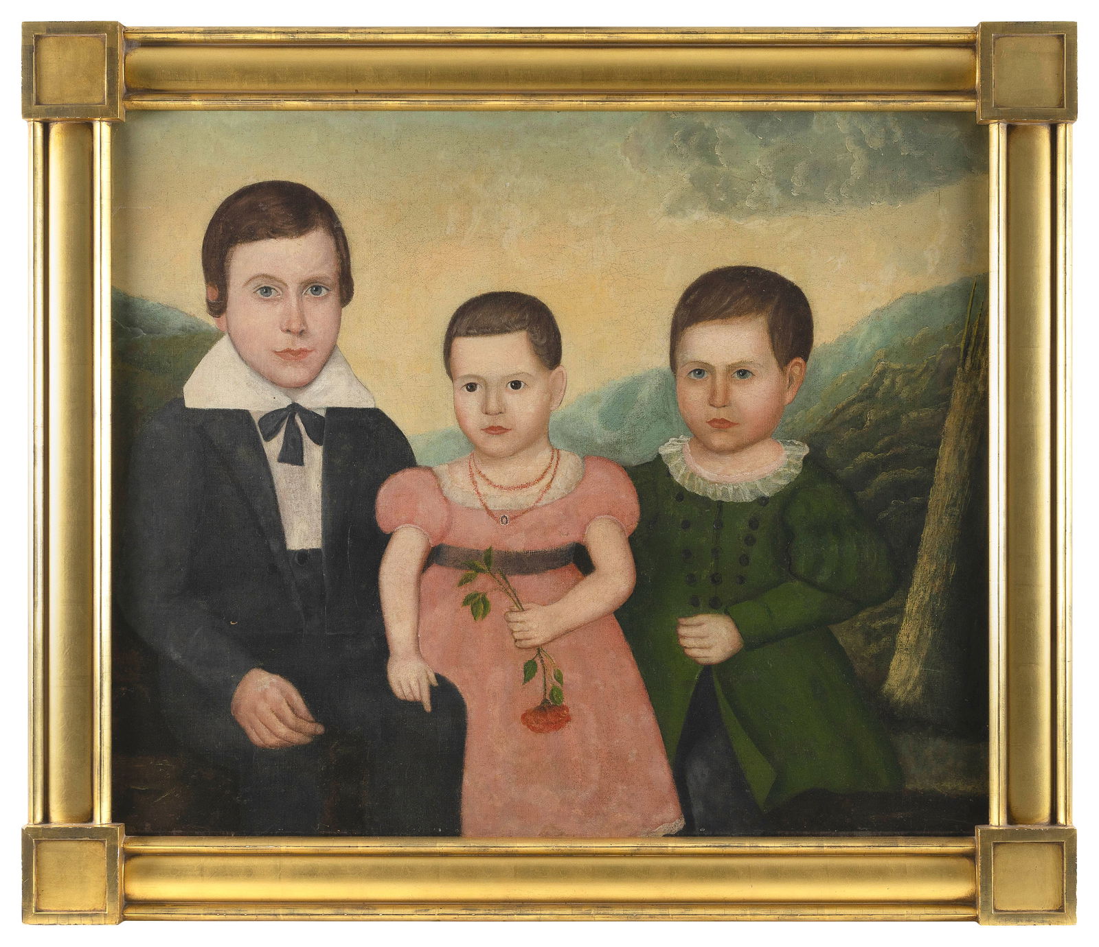 AMERICAN SCHOOL (19th Century,), Folk portrait of three children., Oil on canvas, 30" x 37". Framed (1 of 1)
