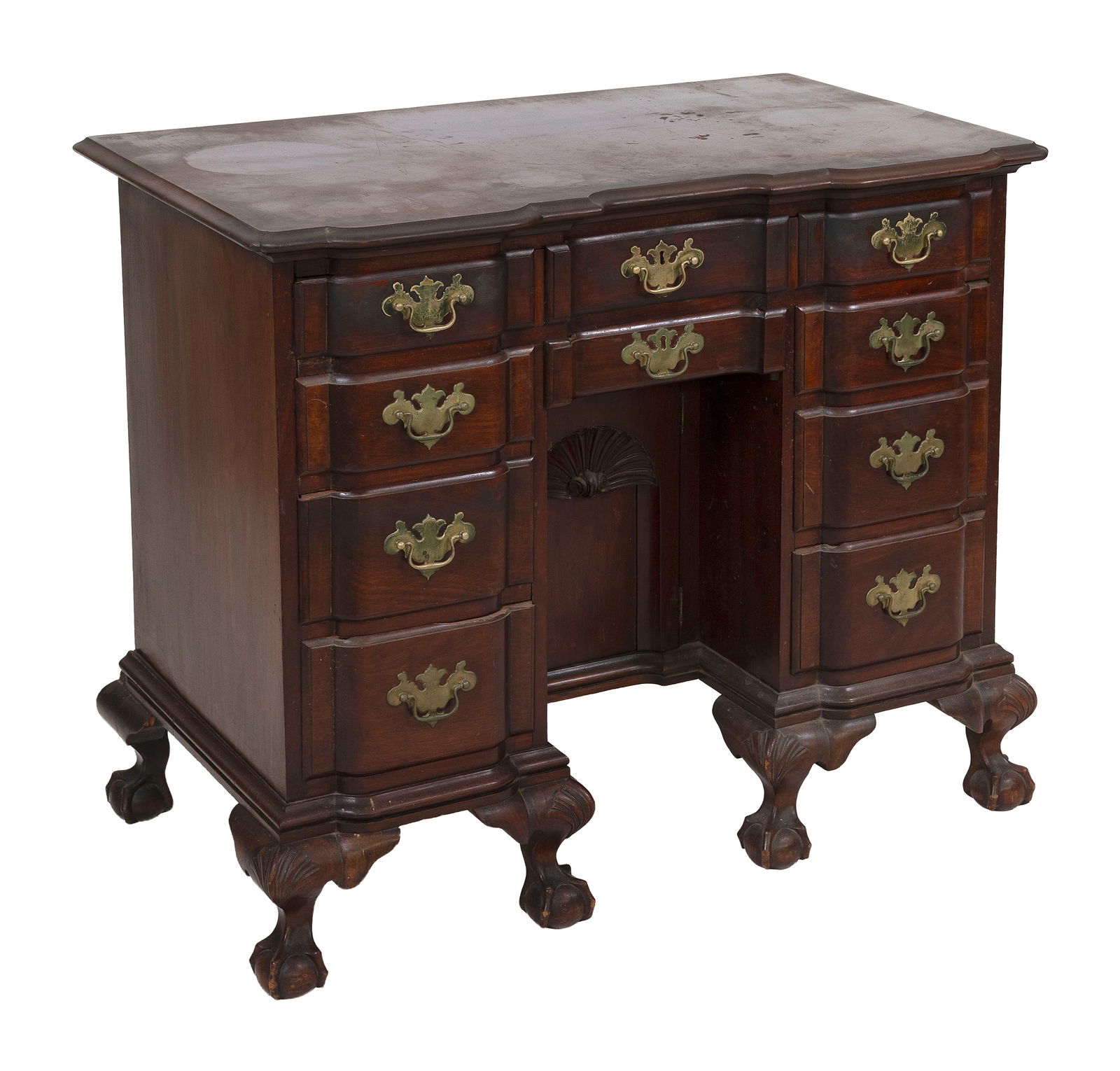 CHIPPENDALE-STYLE MAHOGANY BLOCK-FRONT KNEEHOLE DESK Late 19th/Early 20th Century Height 33". Width (1 of 1)