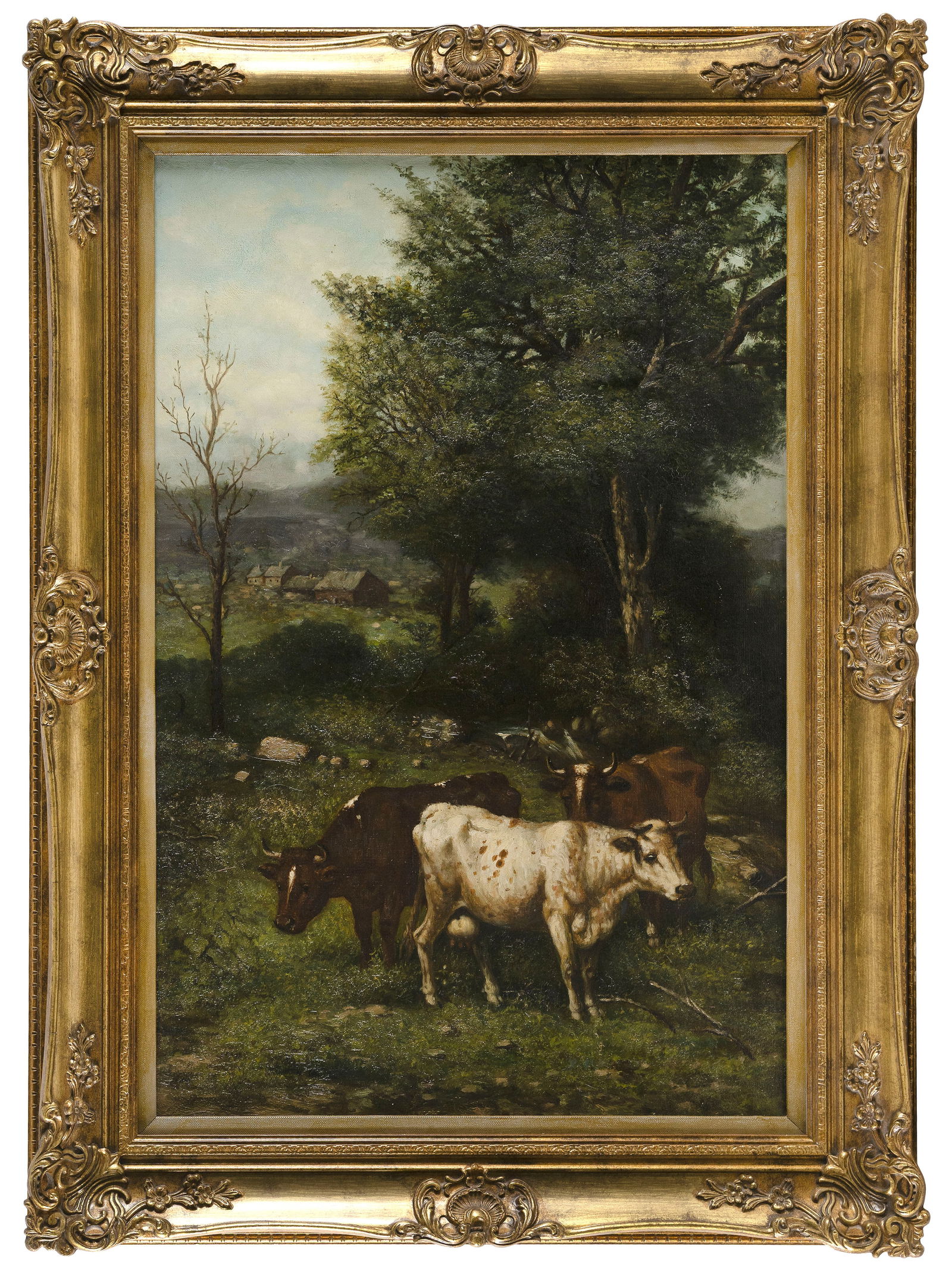 AMERICAN SCHOOL (19th Century,), Grazing cattle., Oil on canvas, 30" x 20". Framed 38" x 27". (1 of 2)