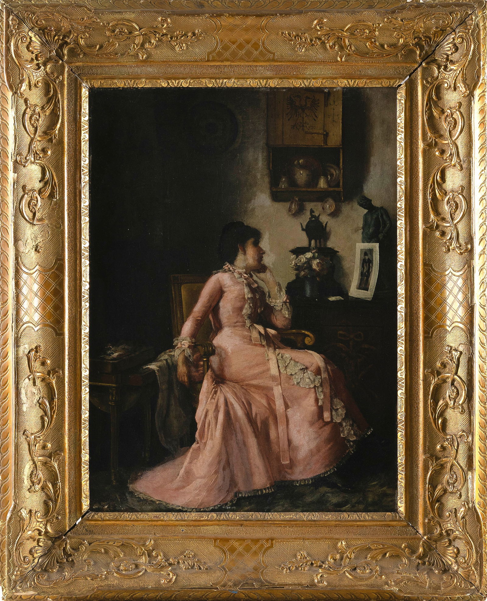 GEORGE WILLOUGHBY MAYNARD (New York/Washington, D.C., 1843-1923), Woman in an interior., Oil laid (1 of 2)