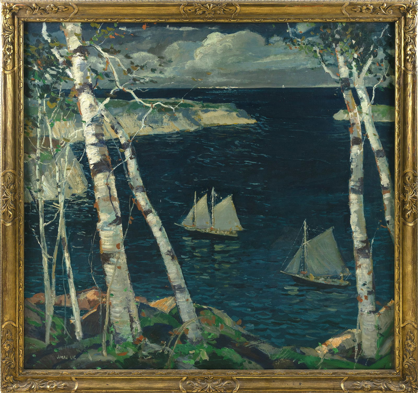 JONAS LIE (New York/Norway, 1880-1940), Birches overlooking sailboats in a cove., Oil on canvas. (1 of 1)