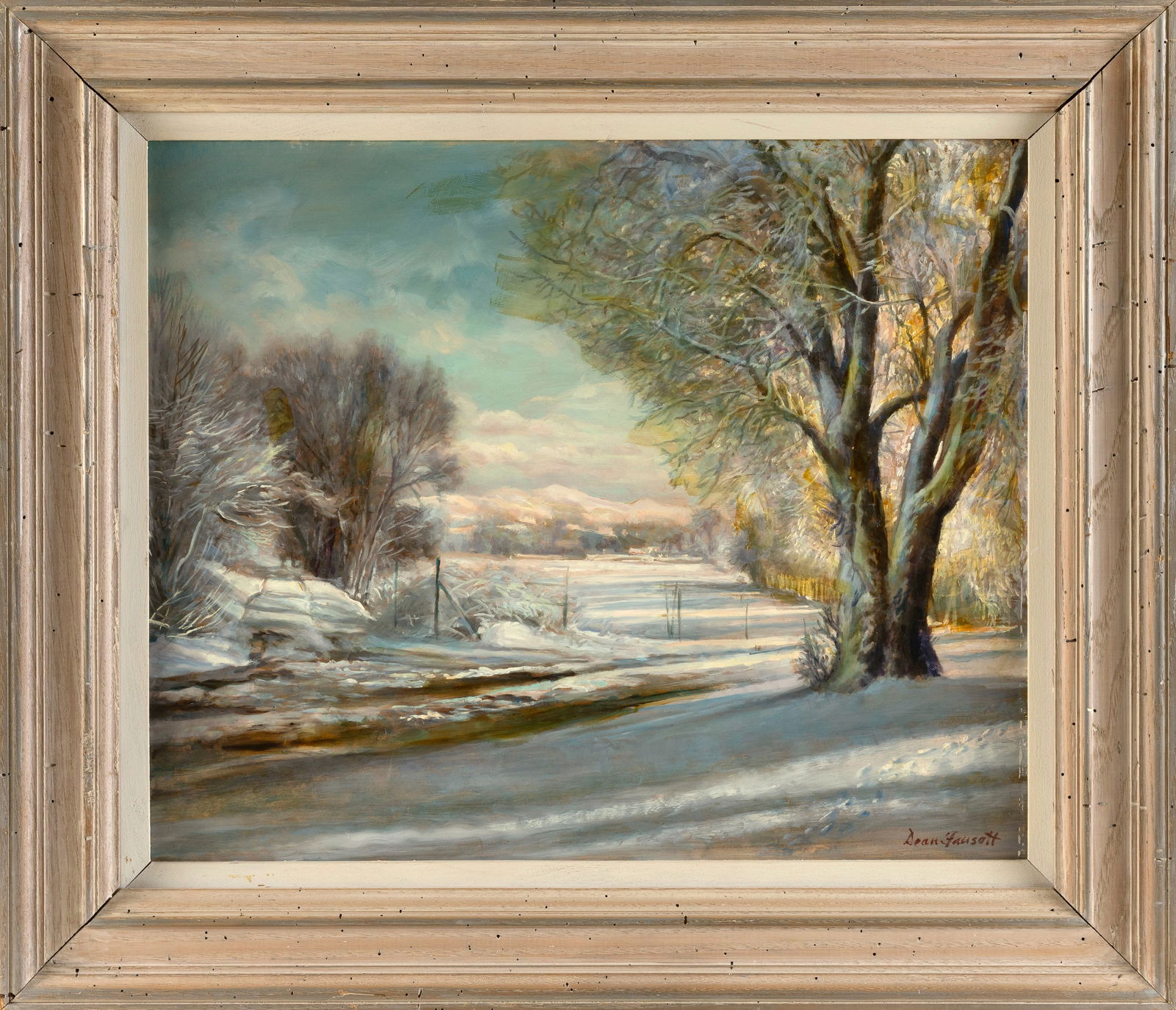 WILLIAM DEAN FAUCETT (California/New York/Vermont, 1913-1998), Winter landscape., Oil on masonite,: WILLIAM DEAN FAUCETTCalifornia/New York/Vermont, 1913-1998Winter landscape. Signed lower right "Dean Faucett".Oil on masonite, 20" x 24.25". Framed 27.25" x 31.5".