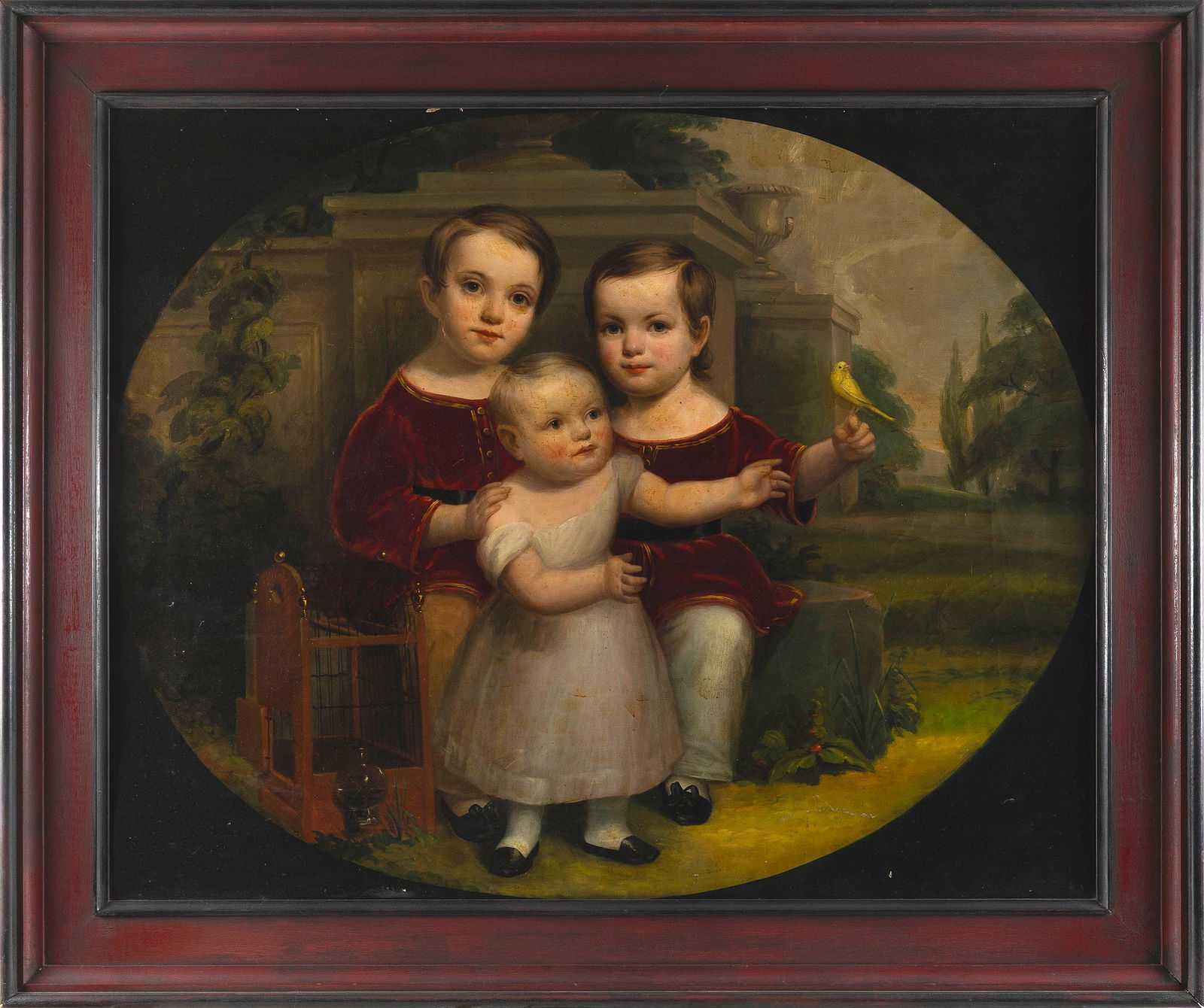 AMERICAN SCHOOL (19th Century,), Portrait of three children, one holding a bird, in a classical: AMERICAN SCHOOL19th CenturyPortrait of three children, one holding a bird, in a classical landscape. Unsigned.Oil on canvas, 40" x 50". Framed 46" x 59".
