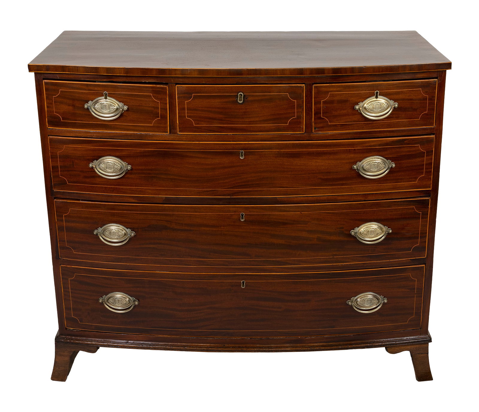 HEPPLEWHITE MAHOGANY BOWFRONT BUREAU 19th Century Height 37". Width 43". Depth 22". (1 of 1)