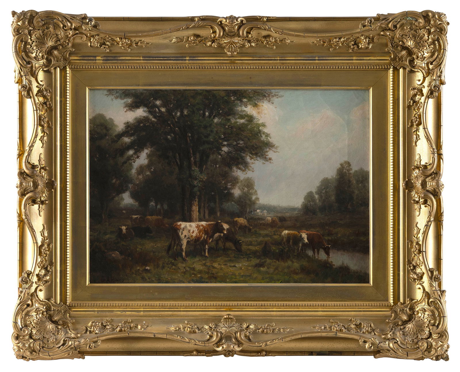GEORGE ARTHUR HAYS (Rhode Island/Massachusetts, 1854-1945), Cattle by a stream., Oil on canvas, 14" (1 of 2)