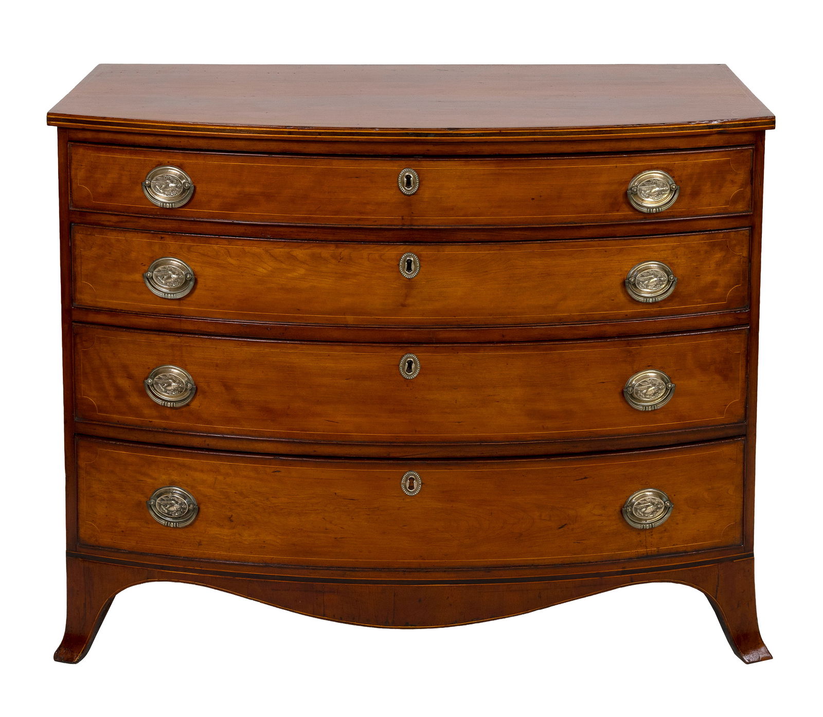 HEPPLEWHITE CHERRY BOWFRONT BUREAU 19th Century Height 34.5". Width 43". Depth 22". (1 of 1)