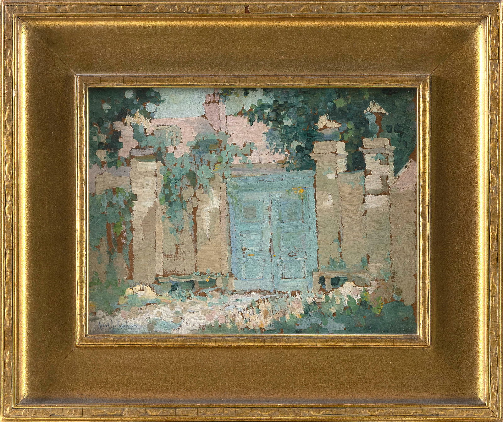 ARRAH LEE GAUL (Pennsylvania, 1883-1980), Garden gate., Oii on board, 9" x 12". Framed 14.5" x: ARRAH LEE GAULPennsylvania, 1883-1980Garden gate. Signed lower left "Arrah Lee Gaul".Oii on board, 9" x 12". Framed 14.5" x 17.5".