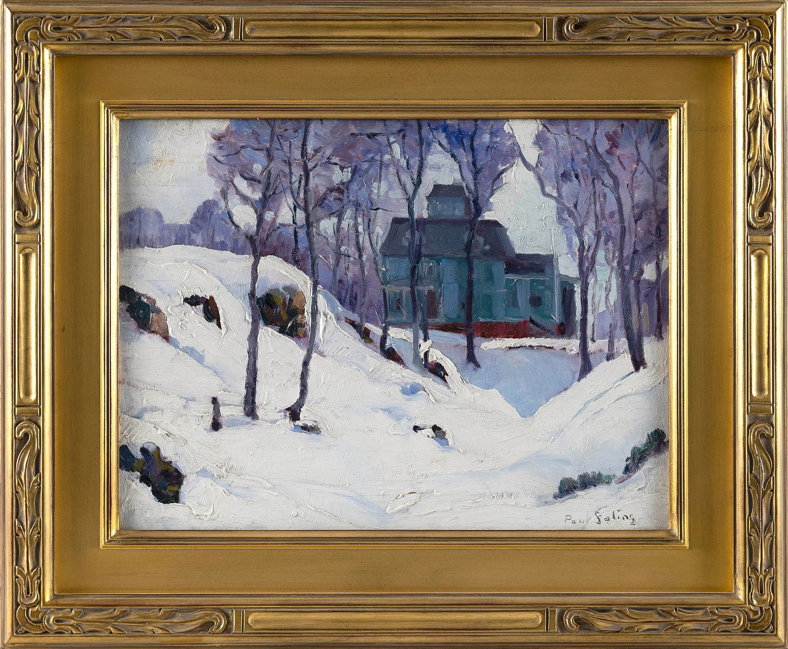 PAUL E. SALING (Connecticut, 1876-1936), Victorian home in a winter landscape., Oil on board, 12" x: PAUL E. SALINGConnecticut, 1876-1936Victorian home in a winter landscape. Signed lower right "Paul Saling".Oil on board, 12" x 16". Framed 18.25" x 22.5".