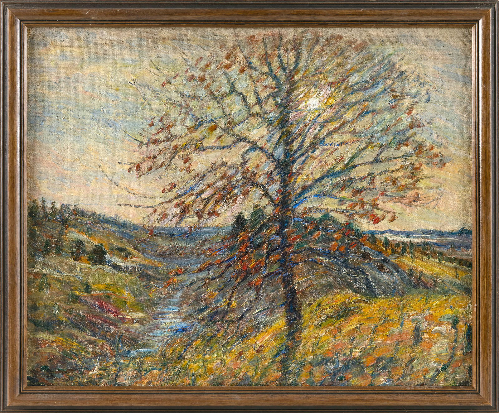 GEORGE BRAINERD BURR (Connecticut, 1876-1939), Tree in a hilly landscape., Oil on cardboard, 15.5" x: GEORGE BRAINERD BURRConnecticut, 1876-1939Tree in a hilly landscape. Unsigned.Oil on cardboard, 15.5" x 19.5". Framed 17.25" x 21.25".