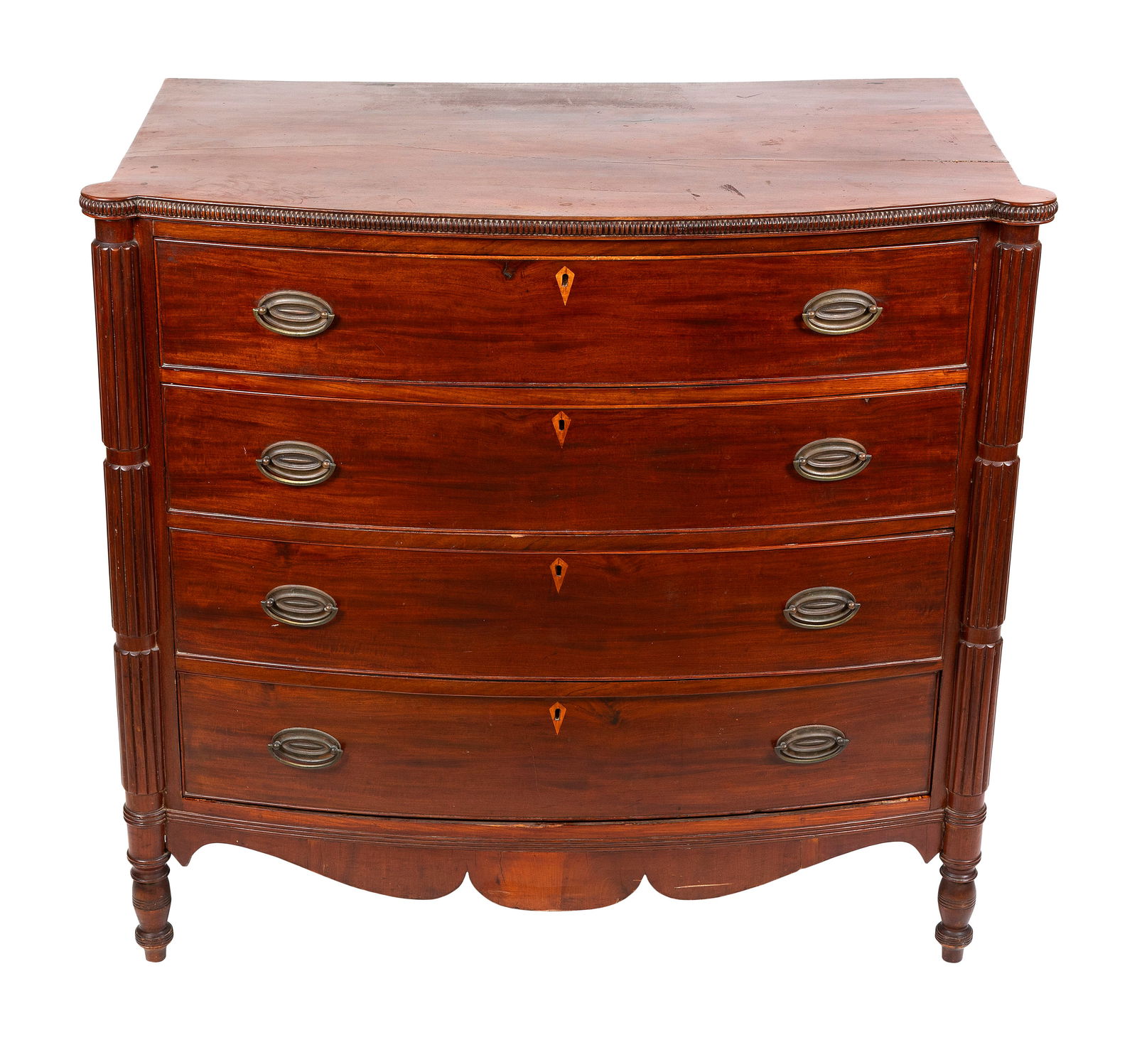 SEYMOUR SCHOOL MAHOGANY BOWFRONT BUREAU Boston, Circa 1810 Height 39". Width 49.5". Depth 22.5". (1 of 8)